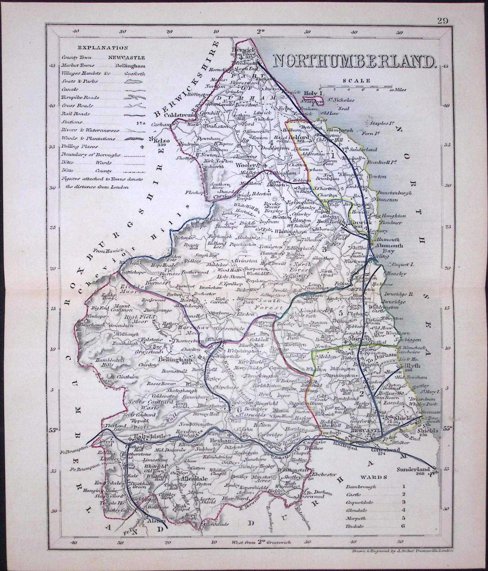 Northumberland-Dugdale & Archer Antique 180 Years-Old Steel Engraved Map-20: Title: Northumberland-Dugdale & Archer Antique 180 Years-Old Steel Engraved Map-20 Description: This Antique Coloured Engraved Map Has Been Removed from an Antique Edition of. Thomas Dugdal