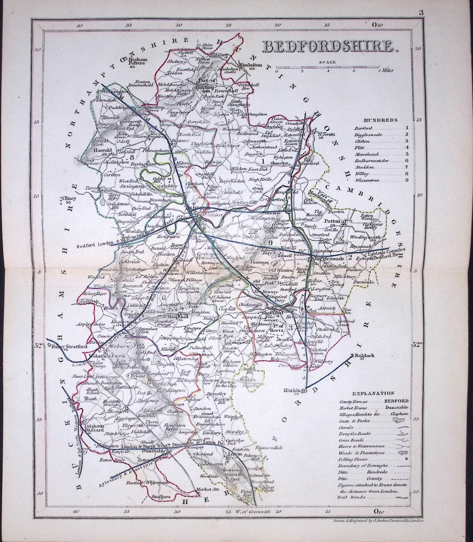 Bedfordshire-Dugdale & Archer Antique 180 Years-Old Steel Engraved Map-30: Title: Bedfordshire-Dugdale & Archer Antique 180 Years-Old Steel Engraved Map-30 Description: This Antique Coloured Engraved Map Has Been Removed from an Antique Edition of. Thomas Dugdale