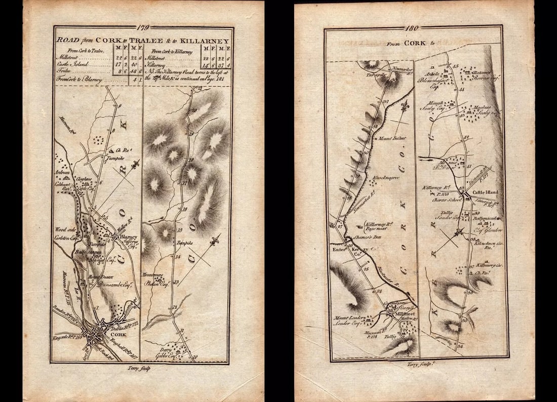 Ireland Rare 1778 Antique 247 Yr-Old Road Map Cork Blarney to Tralee & Killarney.: Title: Ireland Rare 1778 Antique 247 Yr-Old Road Map Cork Blarney to Tralee & Killarney. Description: This Rare Irish Road Map Has Been Removed from a First Edition Copy of. Tayl