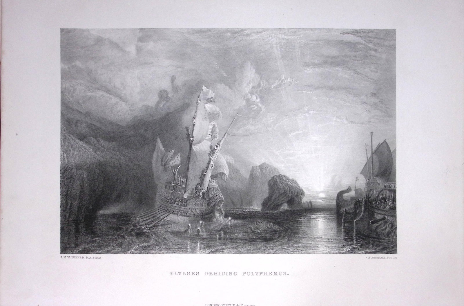 J.M.W Turner Ulysses Deriding Polyphemus Antique Steel Engraving-34-TR: Title: J.M.W Turner Ulysses Deriding Polyphemus Antique Steel Engraving-34-TR Description: This Antique Steel-Engraving Was Removed from a Edition Of. The Turner Gallery a Series of 120