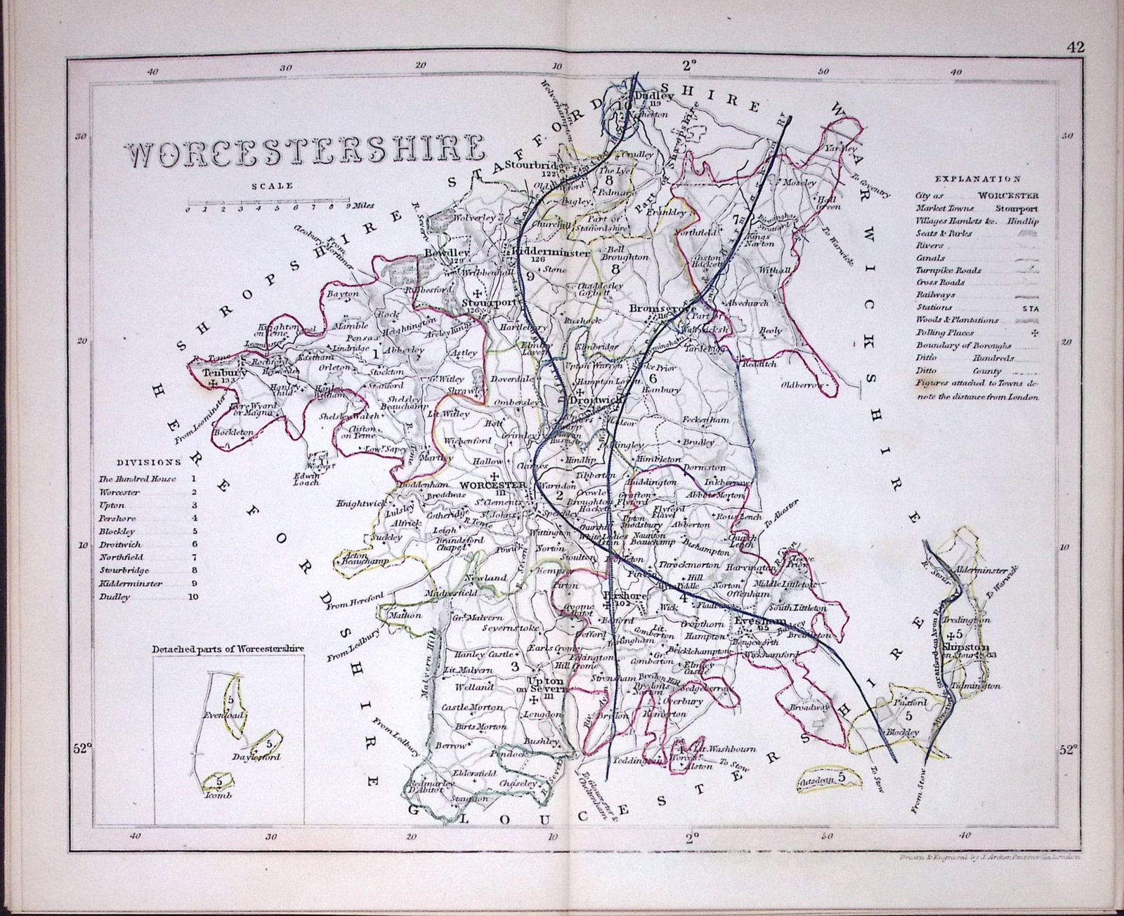 Worcestershire-Dugdale & Archer Antique 180 Years-Old Steel Engraved Map-9: Title: Worcestershire-Dugdale & Archer Antique 180 Years-Old Steel Engraved Map-9 Description: This Antique Coloured Engraved Map Has Been Removed from an Antique Edition of. Thomas Dugdale