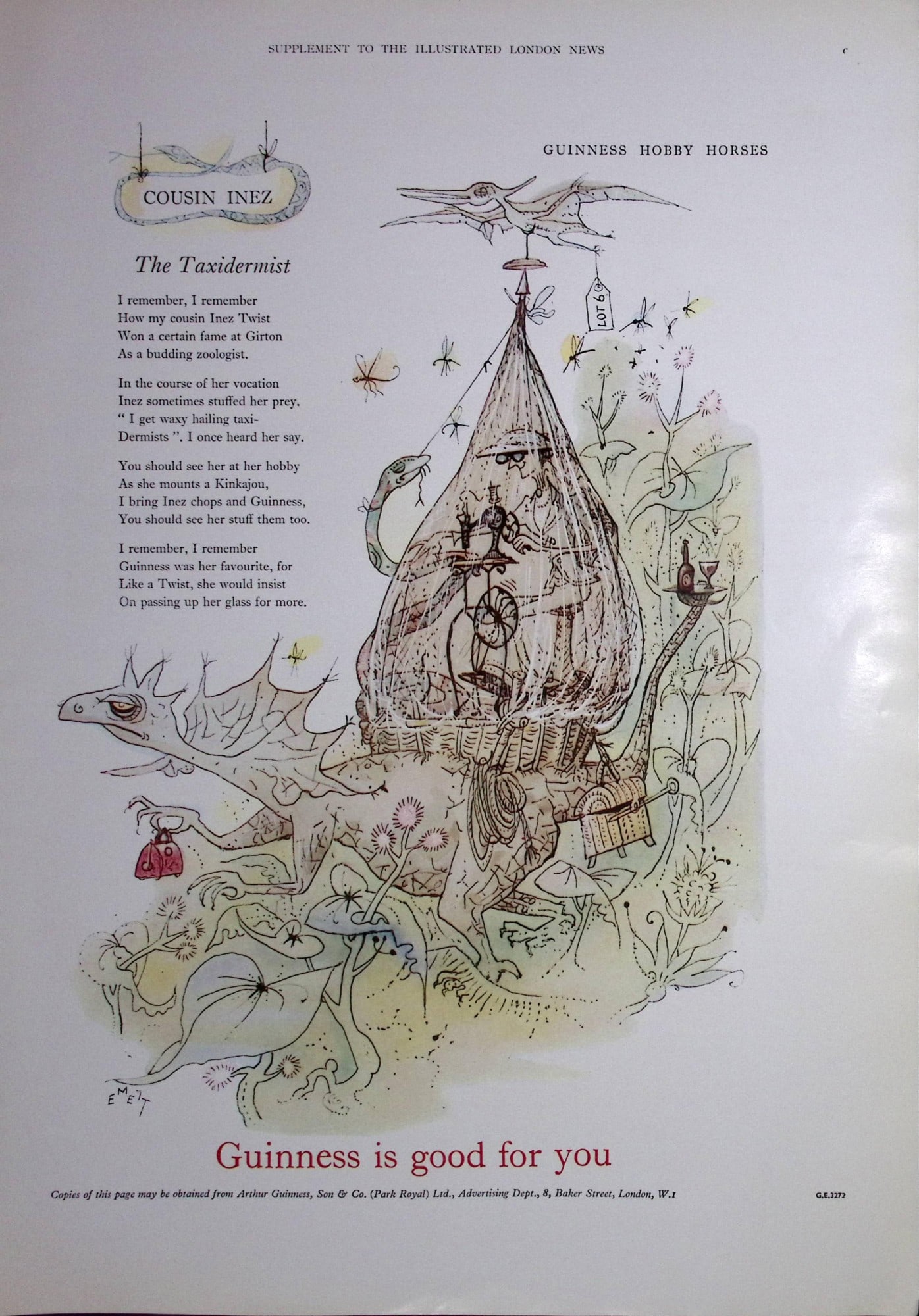 Guinness The Taxidermist 1960 Original 66 Years-Old Print -GE 3273. (1 of 1)