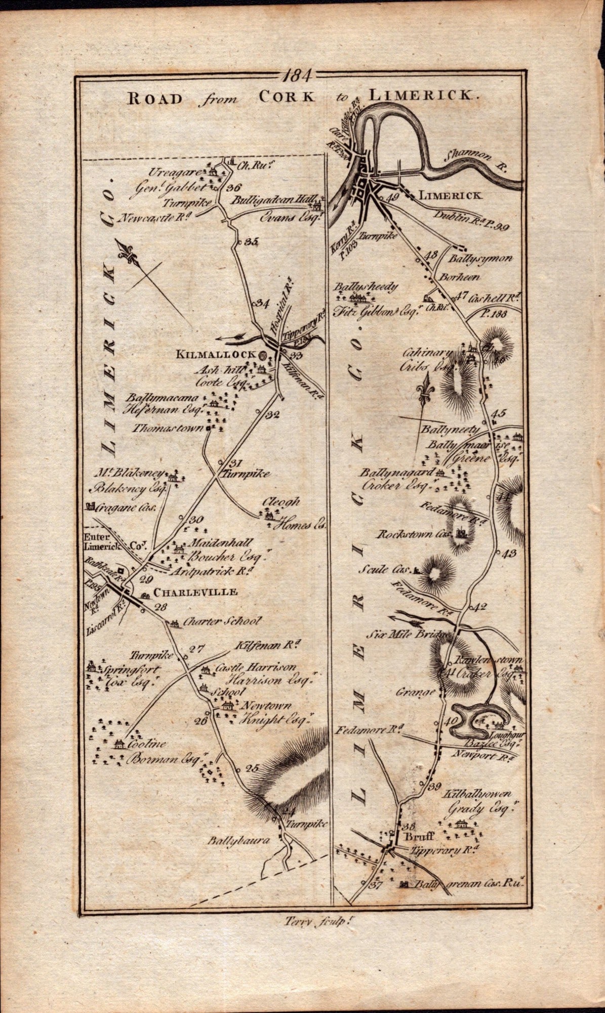 Ireland Rare Antique 1777 Road Map Cork to Limerick and to Doneraile - 2