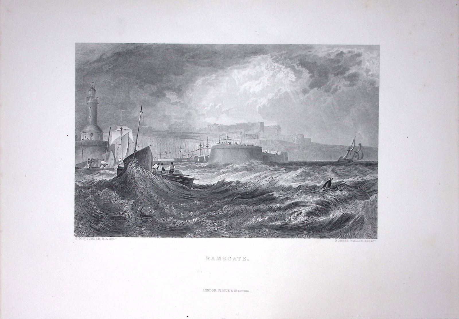 J.M.W Turner View of Ramsgate Port & Town Antique Steel Engraving-82-TR: Title: J.M.W Turner View of Ramsgate Port & Town Antique Steel Engraving-82-TR Description: This Antique Steel-Engraving Was Removed from an Edition Of. The Turner Gallery a Series of