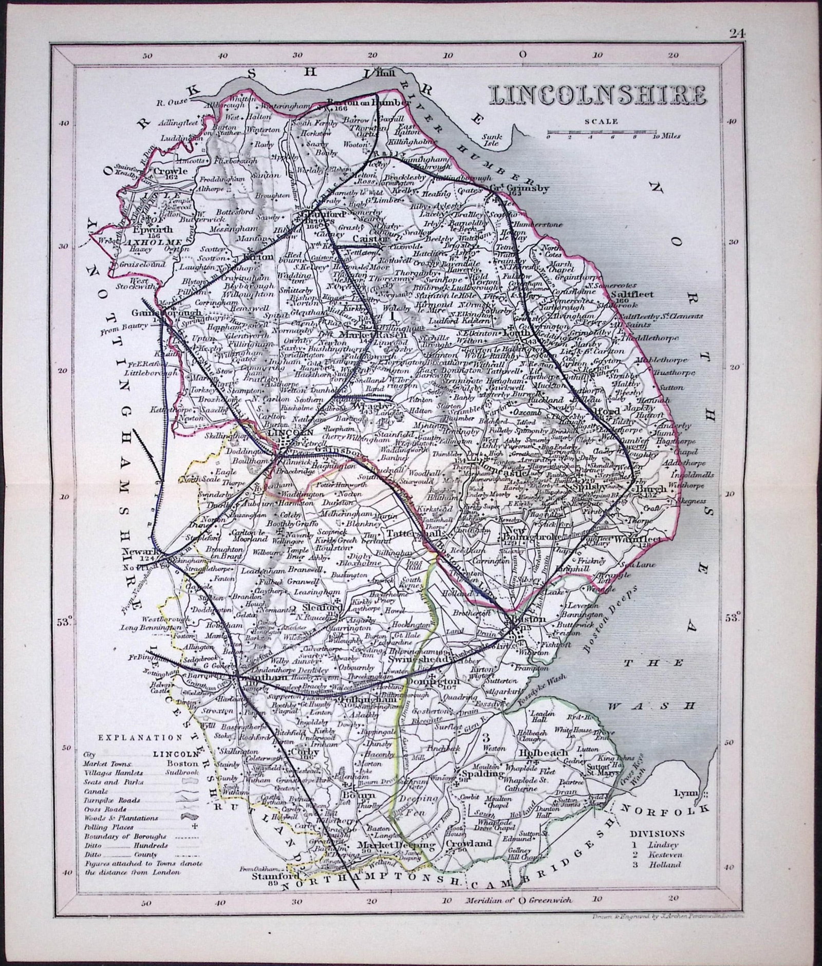 Lincolnshire-Dugdale & Archer Antique 180 Years-Old Steel Engraved Map-17: Title: Lincolnshire-Dugdale & Archer Antique 180 Years-Old Steel Engraved Map-17 Description: This Antique Coloured Engraved Map Has Been Removed from an Antique Edition of. Thomas Dugdale