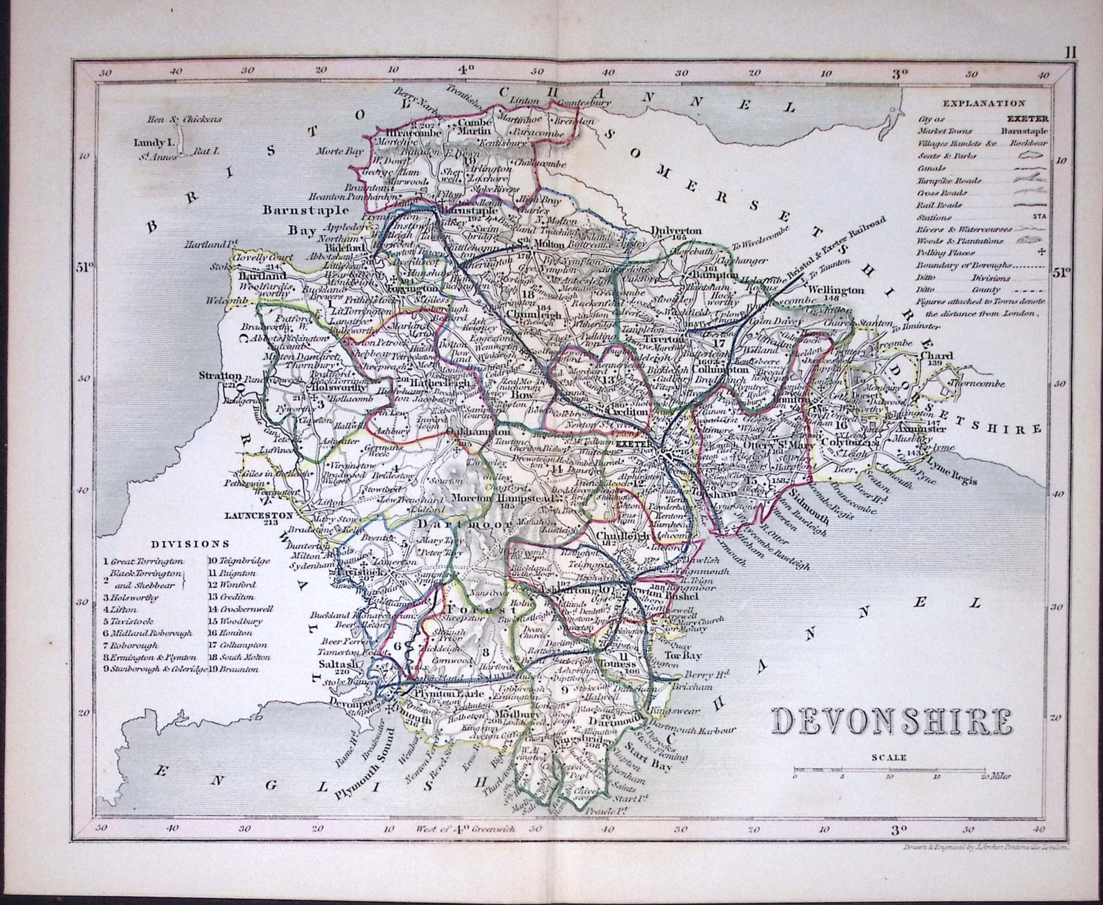Devonshire -Dugdale & Archer Antique 180 Years-Old Steel Engraved Map-5: Title: Devonshire -Dugdale & Archer Antique 180 Years-Old Steel Engraved Map-5 Description: This Antique Coloured Engraved Map Has Been Removed from an Antique Edition of. Thomas Dugdale