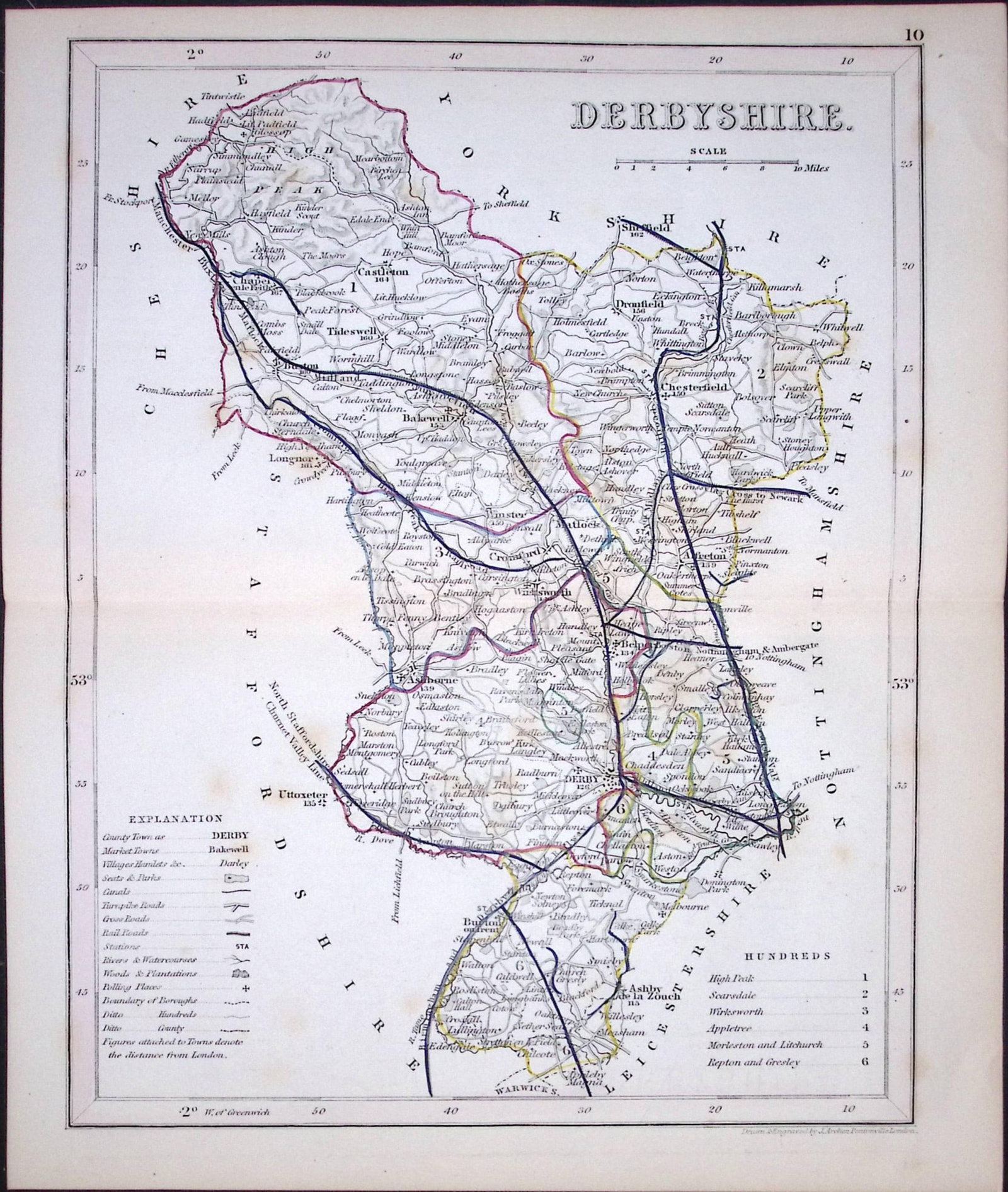 Derbyshire -Dugdale & Archer Antique 180 Years-Old Steel Engraved Map-4: Title: Derbyshire -Dugdale & Archer Antique 180 Years-Old Steel Engraved Map-4 Description: This Antique Coloured Engraved Map Has Been Removed from an Antique Edition of. Thomas Dugdale