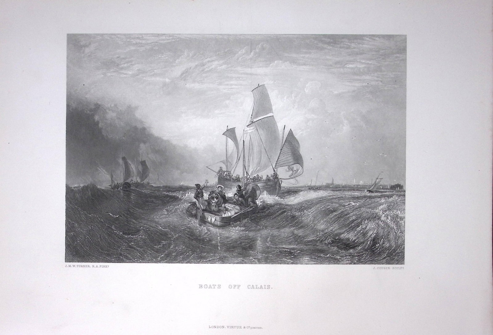 J.M.W Turner Sailing Boats off Calais France Antique Steel Engraving-36-TR: Title: J.M.W Turner Sailing Boats off Calais France Antique Steel Engraving-36-TR Description: This Antique Steel-Engraving Was Removed from an Edition Of. The Turner Gallery a Series of