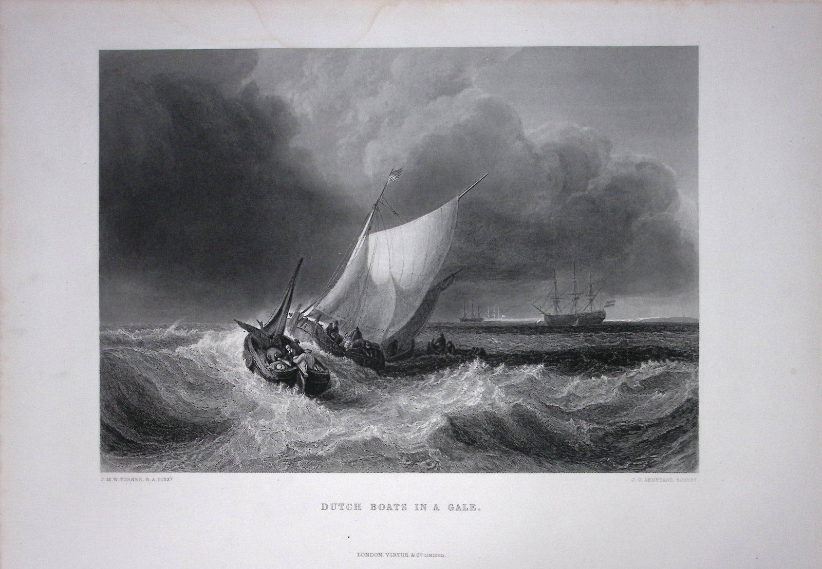 J.M.W Turner Dutch Boats in a Gale Antique Steel Engraving-78-TR: Title: J.M.W Turner Dutch Boats in a Gale Antique Steel Engraving-78-TR Description: This Antique Steel-Engraving Was Removed from an Edition Of. The Turner Gallery a Series of 120