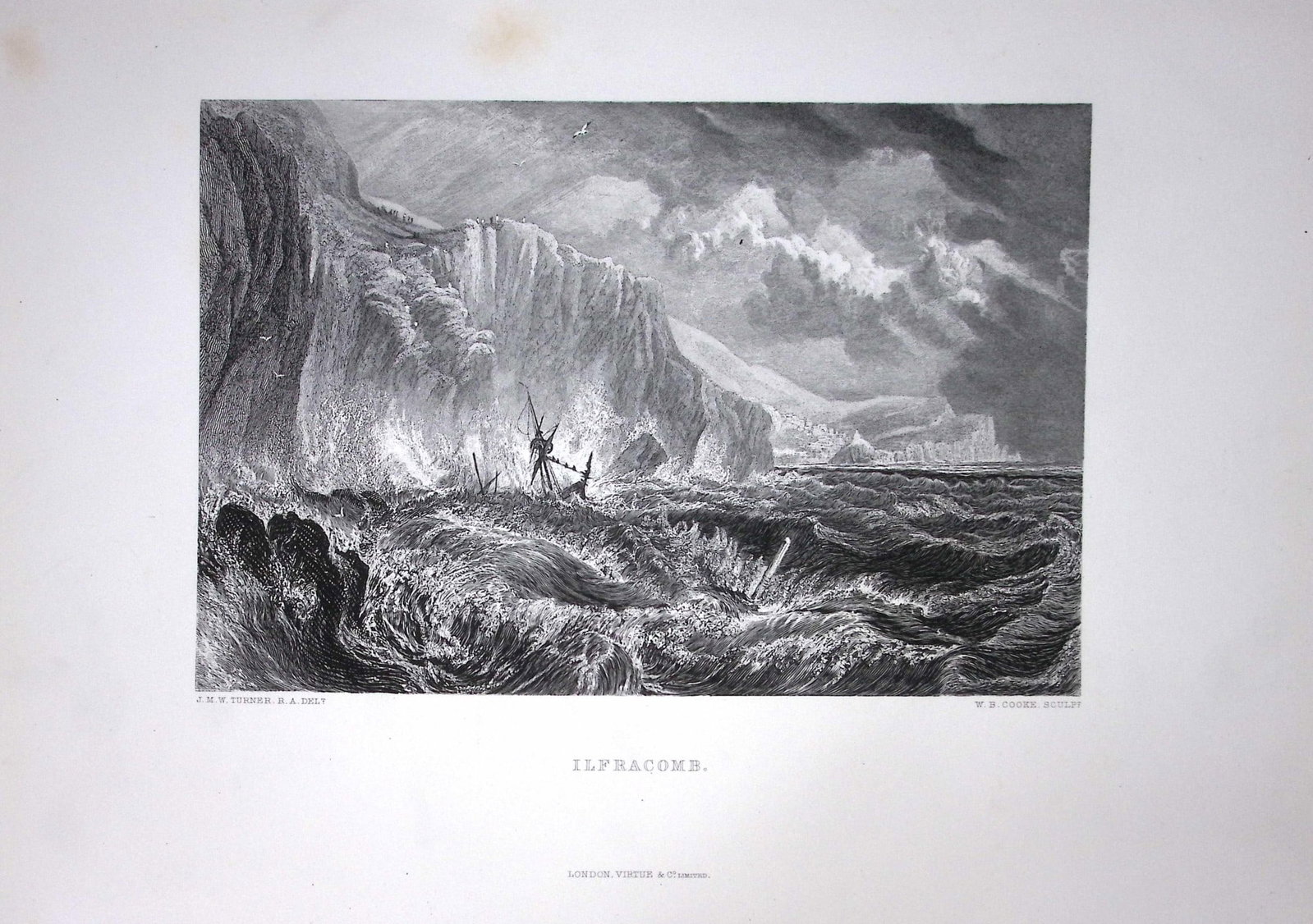 J.M.W Turner Shipwreck at Ilfracombe Devon Antique Steel Engraving-108-TR: Title: J.M.W Turner Shipwreck at Ilfracombe Devon Antique Steel Engraving-108-TR Description: This Antique Steel-Engraving Was Removed from an Edition Of. The Turner Gallery a Series of