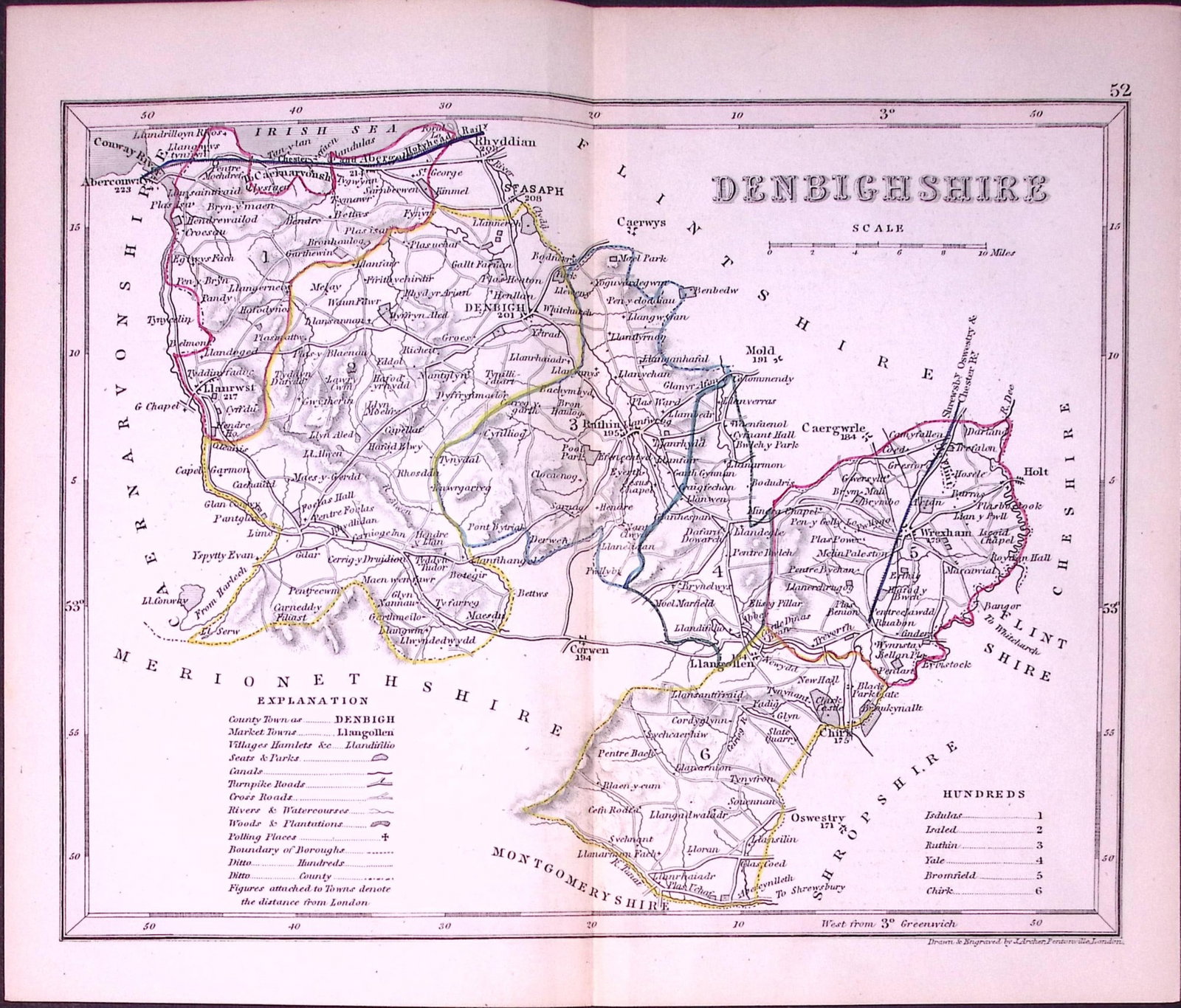 Denbighshire Wales-Dugdale & Archer Antique 180 Years-Old Steel Engraved Map-48: Title: Denbighshire Wales-Dugdale & Archer Antique 180 Years-Old Steel Engraved Map-48 Description: This Antique Coloured Engraved Map Has Been Removed from an Antique Edition of. Thomas Du
