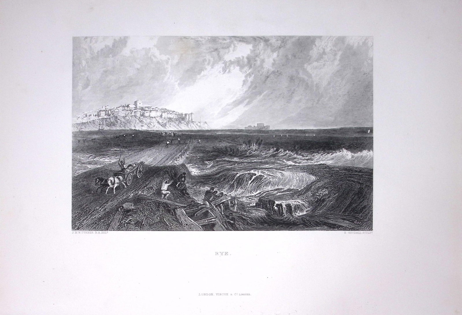 J.M.W Turner View of Rye Sussex Antique Steel Engraving-46-TR: Title: J.M.W Turner View of Rye Sussex Antique Steel Engraving-46-TR Description: This Antique Steel-Engraving Was Removed from a Edition Of. The Turner Gallery a Series of 120 Engravings