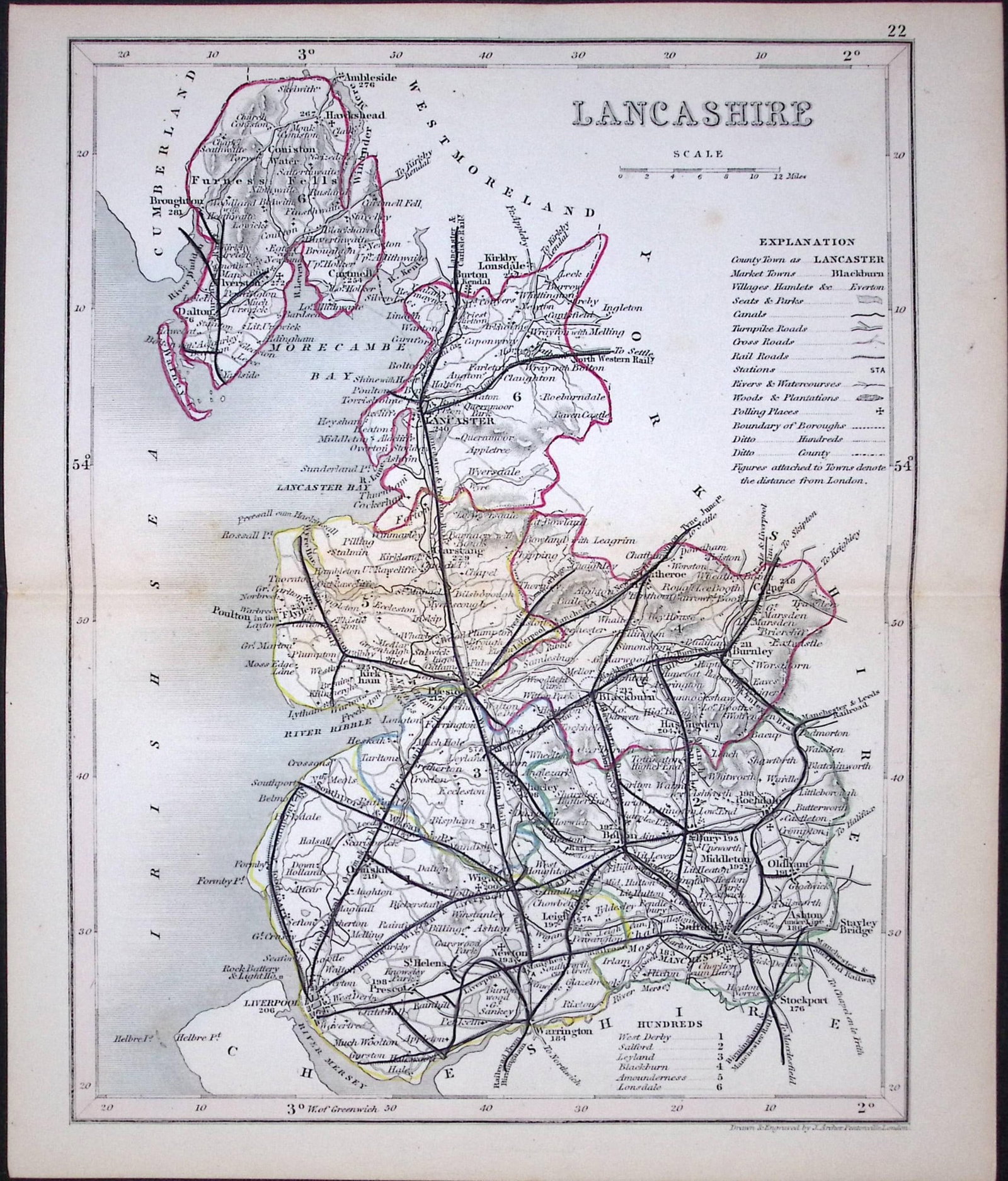 Lancashire-Dugdale & Archer Antique 180 Years-Old Steel Engraved Map-15: Title: Lancashire-Dugdale & Archer Antique 180 Years-Old Steel Engraved Map-15 Description: This Antique Coloured Engraved Map Has Been Removed from an Antique Edition of. Thomas Dugdale Cu