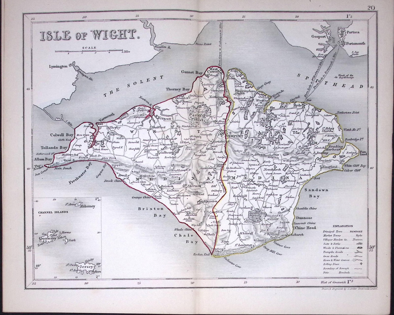 Isle of Wight-Dugdale & Archer Antique 180 Years-Old Steel Engraved Map-35: Title: Isle of Wight-Dugdale & Archer Antique 180 Years-Old Steel Engraved Map-35 Description: This Antique Coloured Engraved Map Has Been Removed from an Antique Edition of. Thomas Dugdale