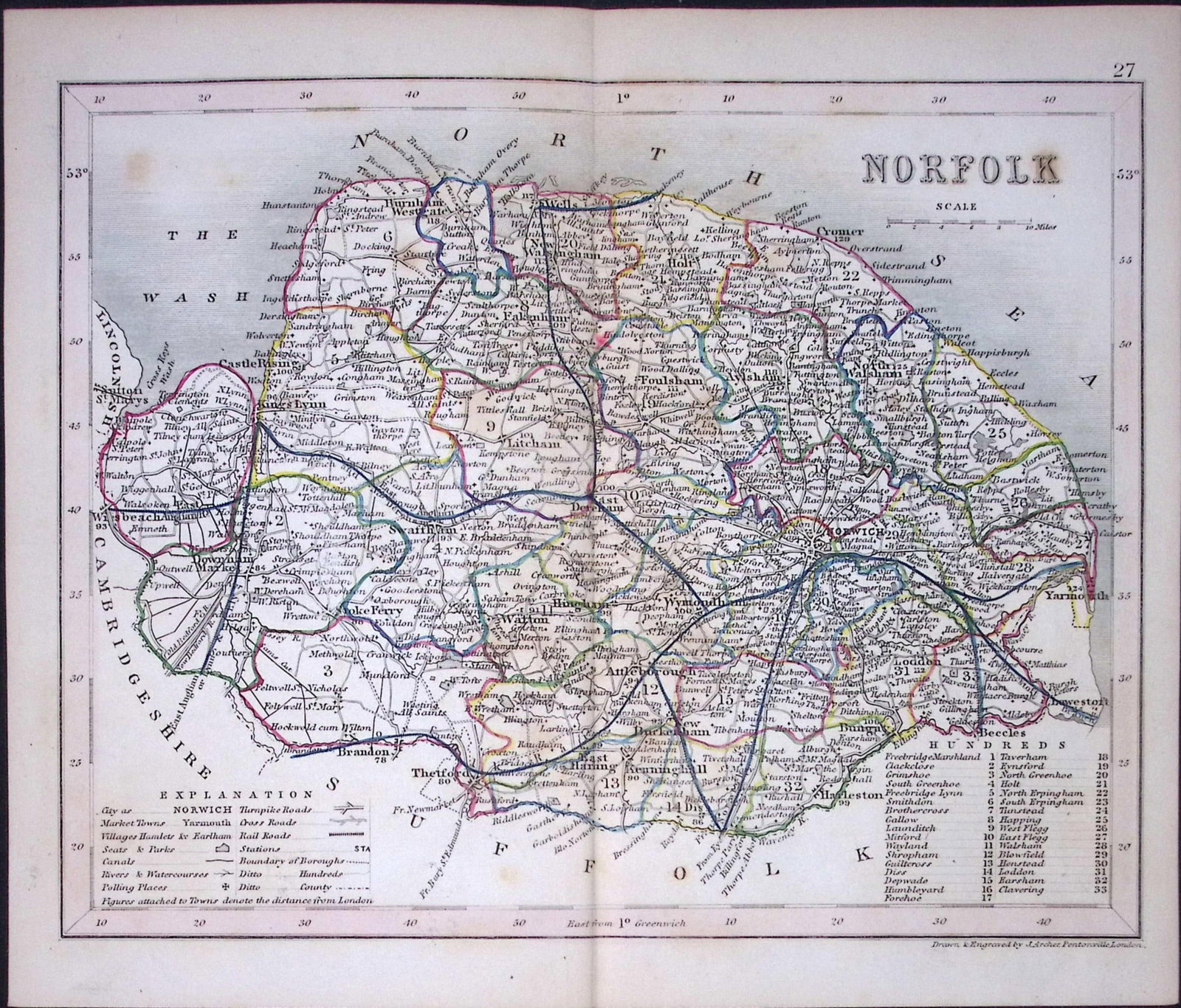 County Norfolk-Dugdale & Archer Antique 180 Years-Old Steel Engraved Map-18: Title: County Norfolk-Dugdale & Archer Antique 180 Years-Old Steel Engraved Map-18 Description: This Antique Coloured Engraved Map Has Been Removed from an Antique Edition of. Thomas Dugdal