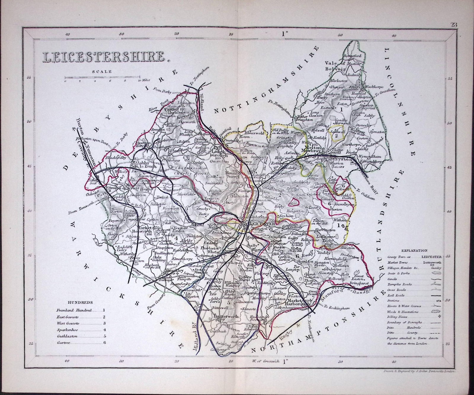 Leicestershire-Dugdale & Archer Antique 180 Years-Old Steel Engraved Map-16: Title: Leicestershire-Dugdale & Archer Antique 180 Years-Old Steel Engraved Map-16 Description: This Antique Coloured Engraved Map Has Been Removed from an Antique Edition of. Thomas Dugdale