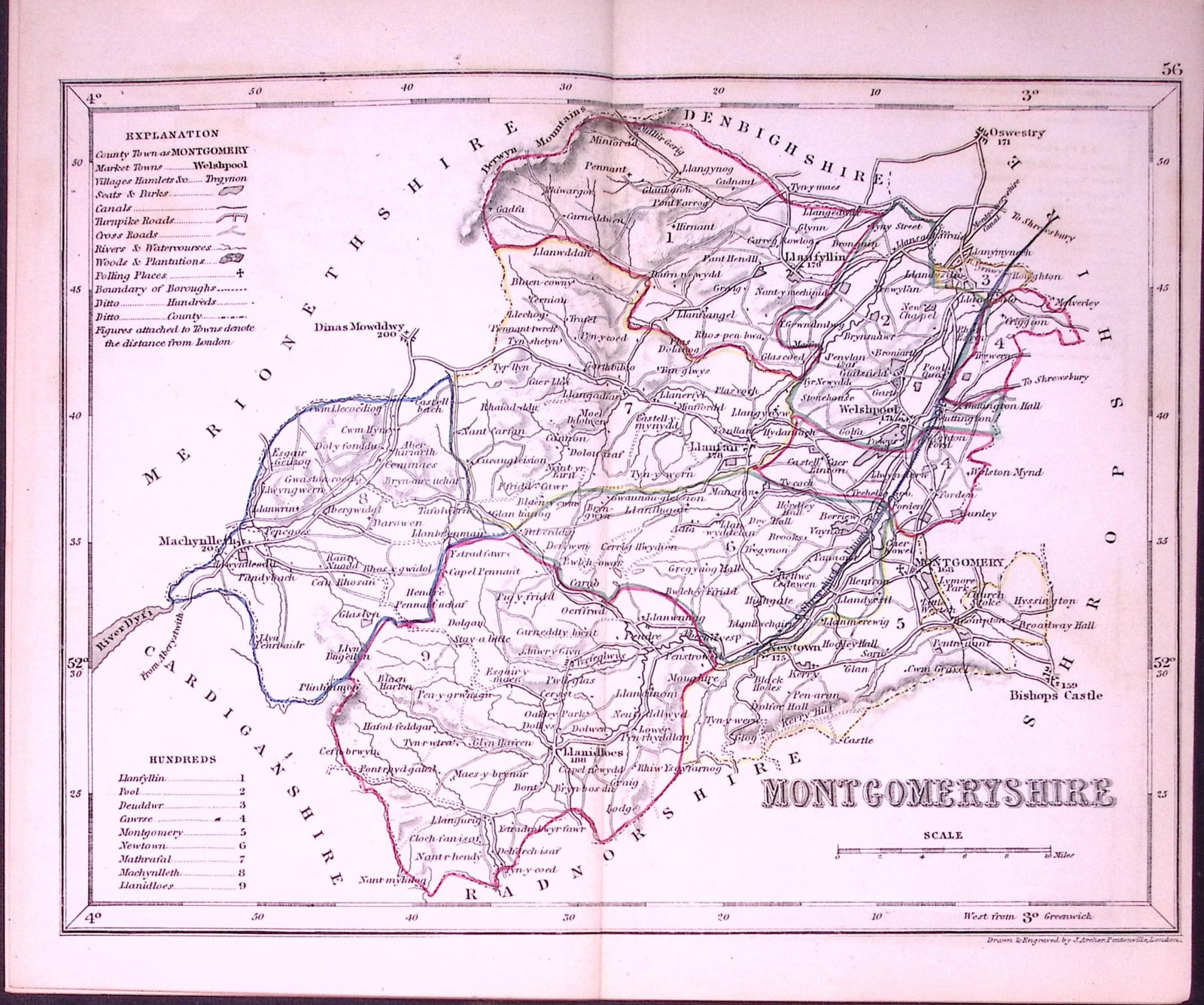 Montgomeryshire Wales-Dugdale & Archer Antique 180 Years-Old Steel Engraved Map-53: Title: Montgomeryshire Wales-Dugdale & Archer Antique 180 Years-Old Steel Engraved Map-53 Description: This Antique Coloured Engraved Map Has Been Removed from an Antique Edition of. Thomas