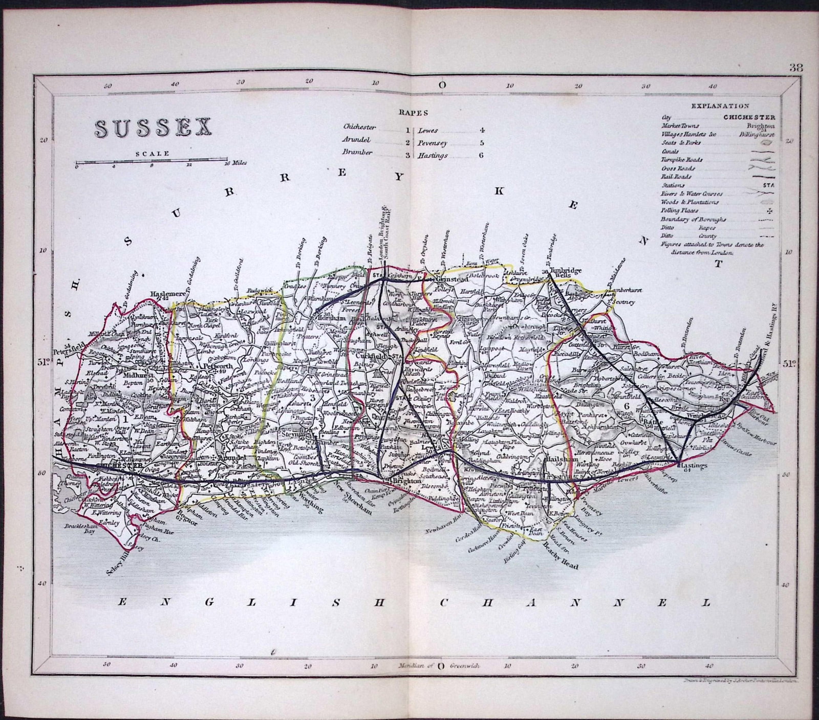 Sussex-Dugdale & Archer Antique 180 Years-Old Steel Engraved Map-13: Title: Sussex-Dugdale & Archer Antique 180 Years-Old Steel Engraved Map-13 Description: This Antique Coloured Engraved Map Has Been Removed from an Antique Edition of. Thomas Dugdale Curios