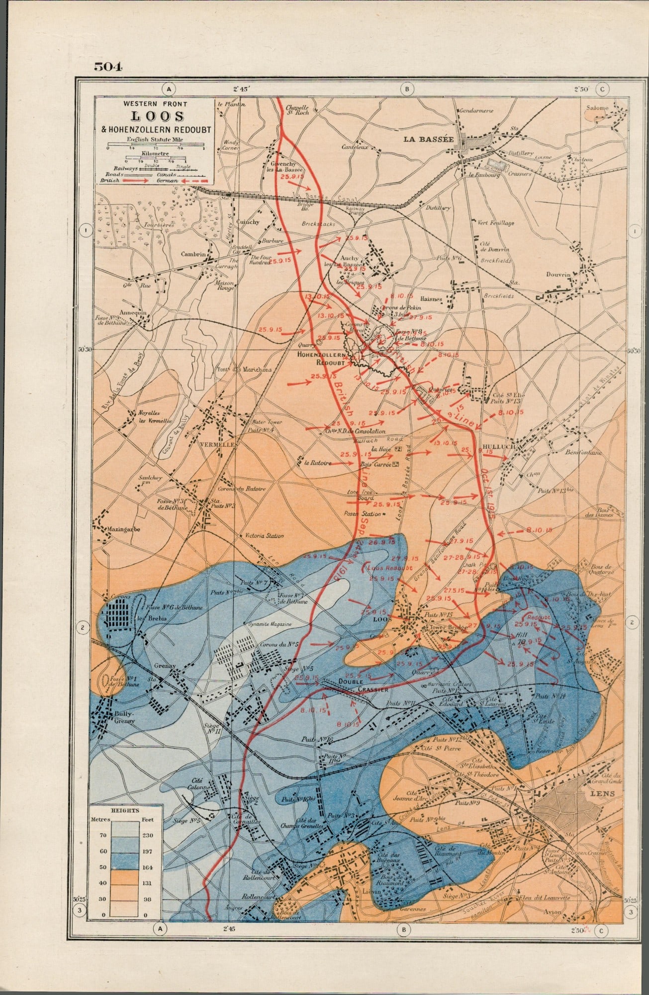 WW1 The Western Front Loos & Hohenzollern Coloured 1922 Antique Map-504 (1 of 3)