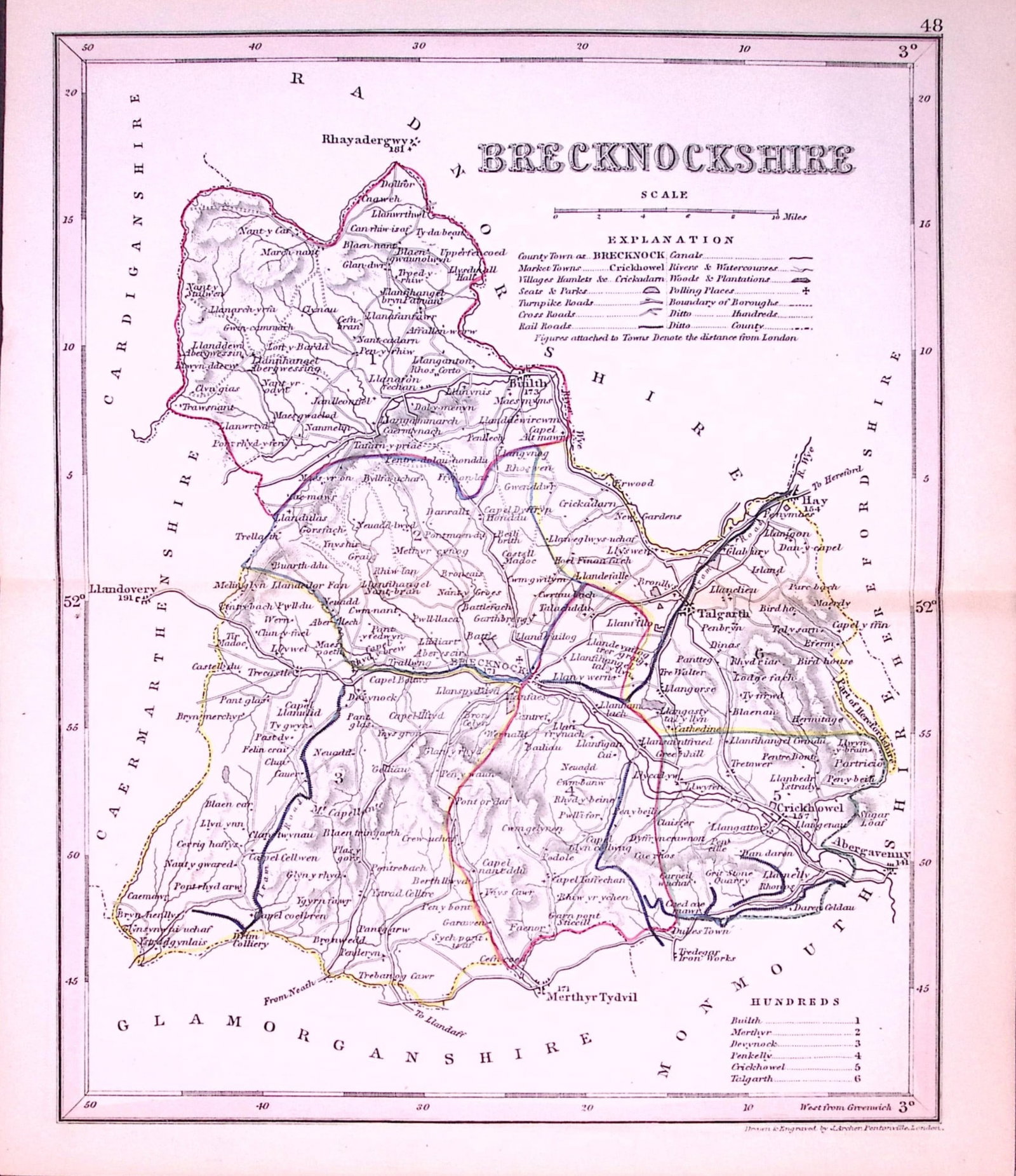 Brecknockshire Wales-Dugdale & Archer Antique 180 Years-Old Steel Engraved Map-55: Title: Brecknockshire Wales-Dugdale & Archer Antique 180 Years-Old Steel Engraved Map-55 Description: This Antique Coloured Engraved Map Has Been Removed from an Antique Edition of. Thomas