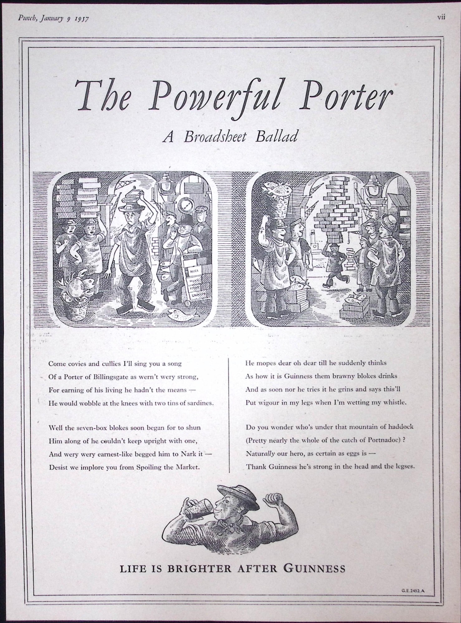 Guinness 69 Years-Old Advert 1957 The Powerful Porter Print: G.E.2452-A.: Title: Guinness 69 Years-Old Advert 1957 The Powerful Porter Print: G.E.2452-A. Description: Guinness 69 Years-Old Advert 1957 The Powerful Porter Print: G.E.2452-A. Measures approx. Size 11 x