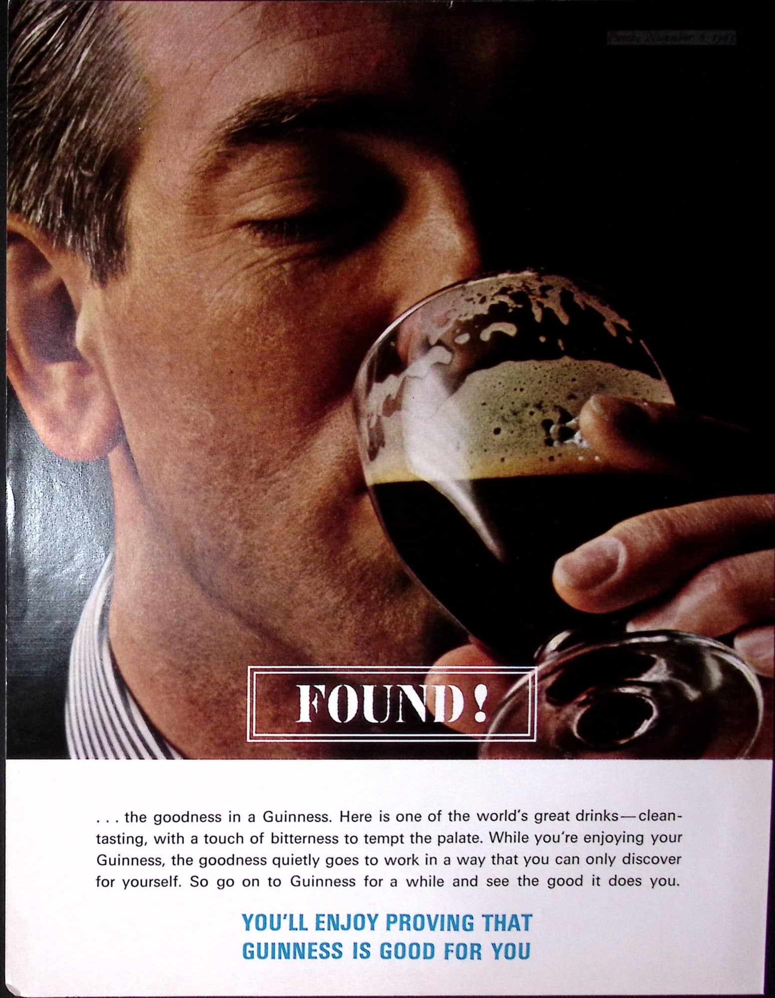 Guinness 1963 62 Years-Old Genuine Print ""Found"": Title: Guinness 1963 62 Years-Old Genuine Print ""Found"" Description: Guinness 1963 62 Years-Old Genuine Print ""Found"" Measures approx. Size 11 x 8.5 (Inches) Condition: Used Delivery