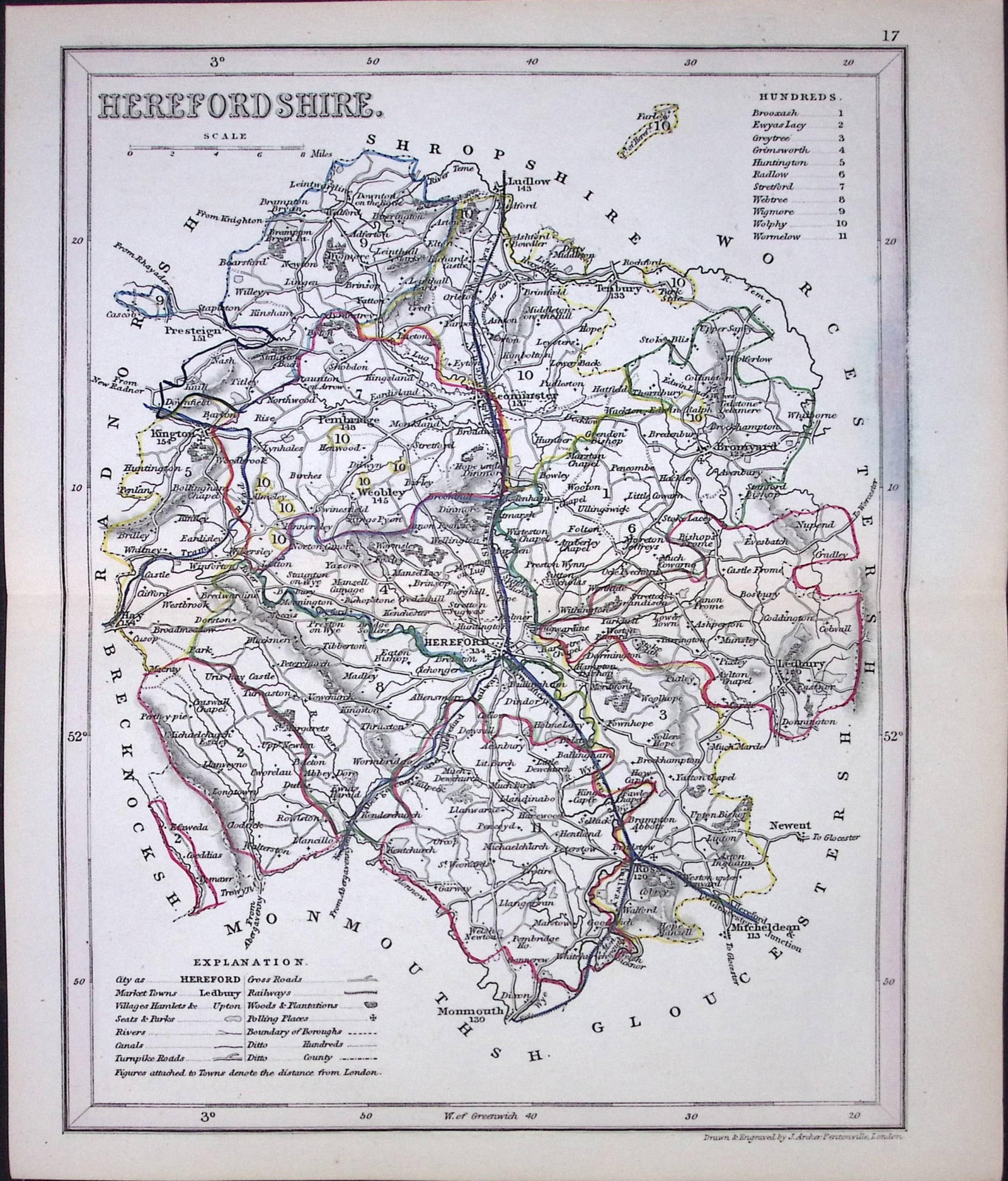 Herefordshire-Dugdale & Archer Antique 180 Years-Old Steel Engraved Map-36: Title: Herefordshire-Dugdale & Archer Antique 180 Years-Old Steel Engraved Map-36 Description: This Antique Coloured Engraved Map Has Been Removed from an Antique Edition of. Thomas Dugdale