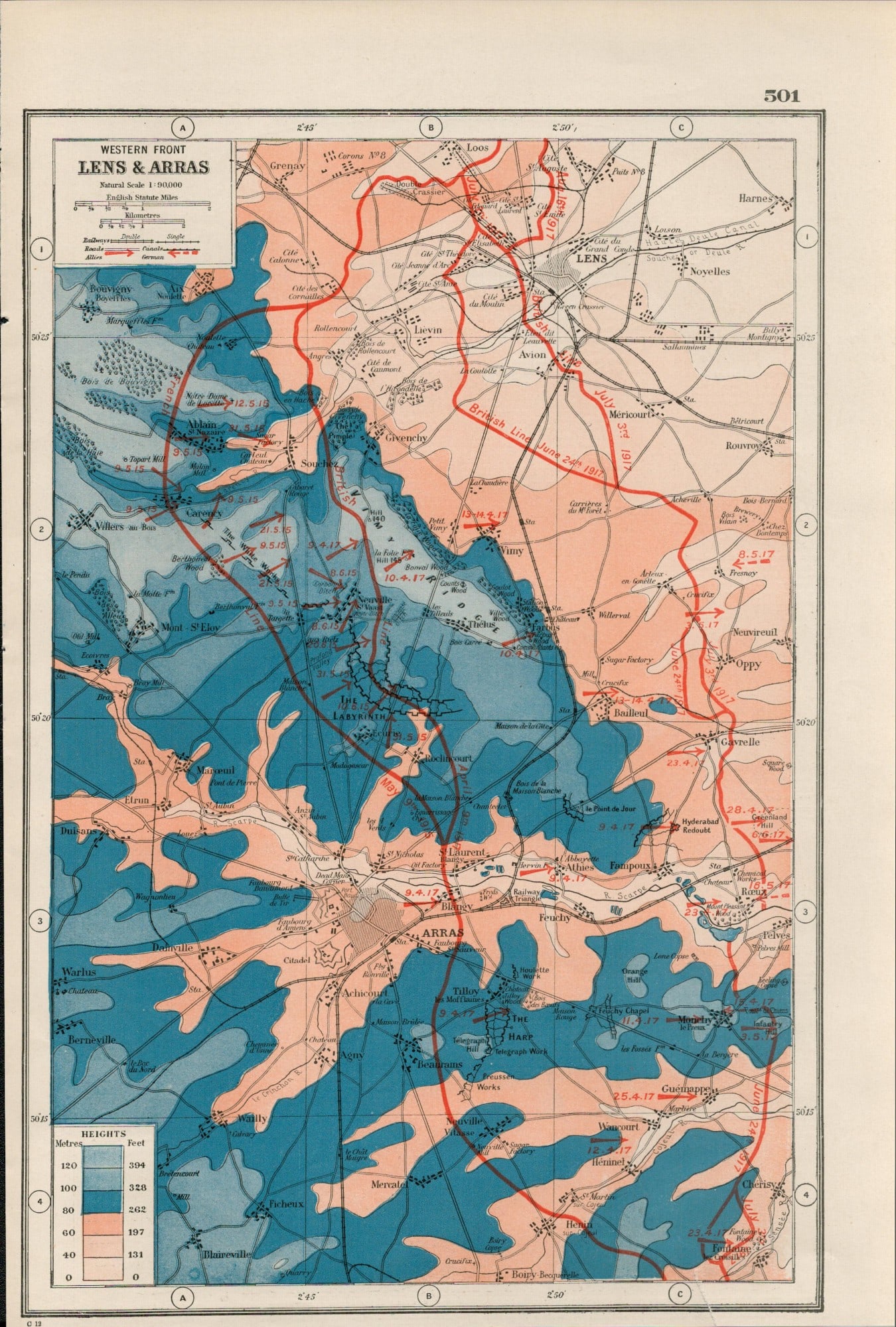 WW1 The Western Front Lens & Arras Coloured Antique 1922 Map-501 (1 of 3)