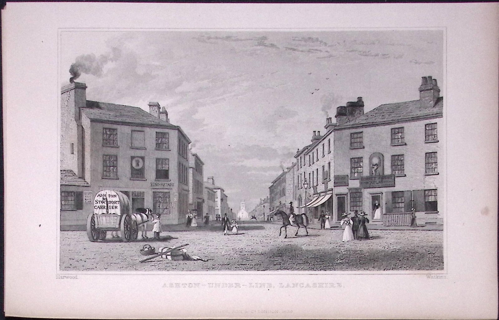 Ashton Under Lyne Town Centre Antique 195 Years-Old Steel-Engraving-3: Title: Ashton Under Lyne Town Centre Antique 195 Years-Old Steel-Engraving-3 Description: This Antique Steel Engraving Was Removed from a 195-Year-Old Edition of. Lancashire Illustrated in a Series