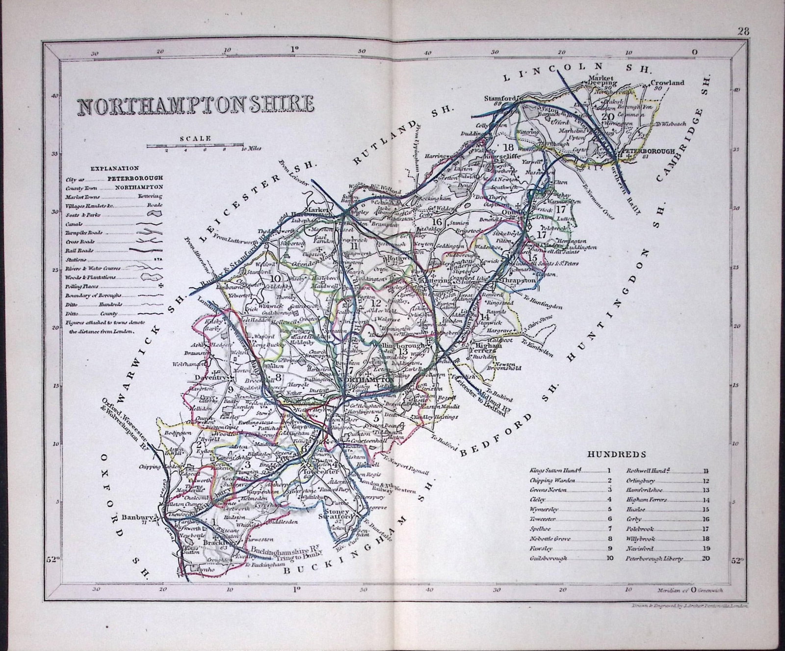 Northamptonshire-Dugdale & Archer Antique 180 Years-Old Steel Engraved Map-19: Title: Northamptonshire-Dugdale & Archer Antique 180 Years-Old Steel Engraved Map-19 Description: This Antique Coloured Engraved Map Has Been Removed from an Antique Edition of. Thomas Dugd