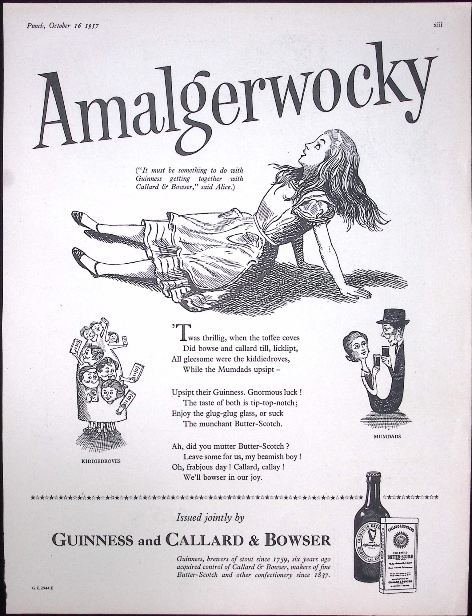 Guinness 1957 69 Years-Old Print Alice in Wonderland Amalgerwocky G.E.2944-E: Title: Guinness 1957 69 Years-Old Print Alice in Wonderland Amalgerwocky G.E.2944-E Description: Guinness 1957 69 Years-Old Print Alice in Wonderland Amalgerwocky G.E.2944-E Measures approx. Size 11