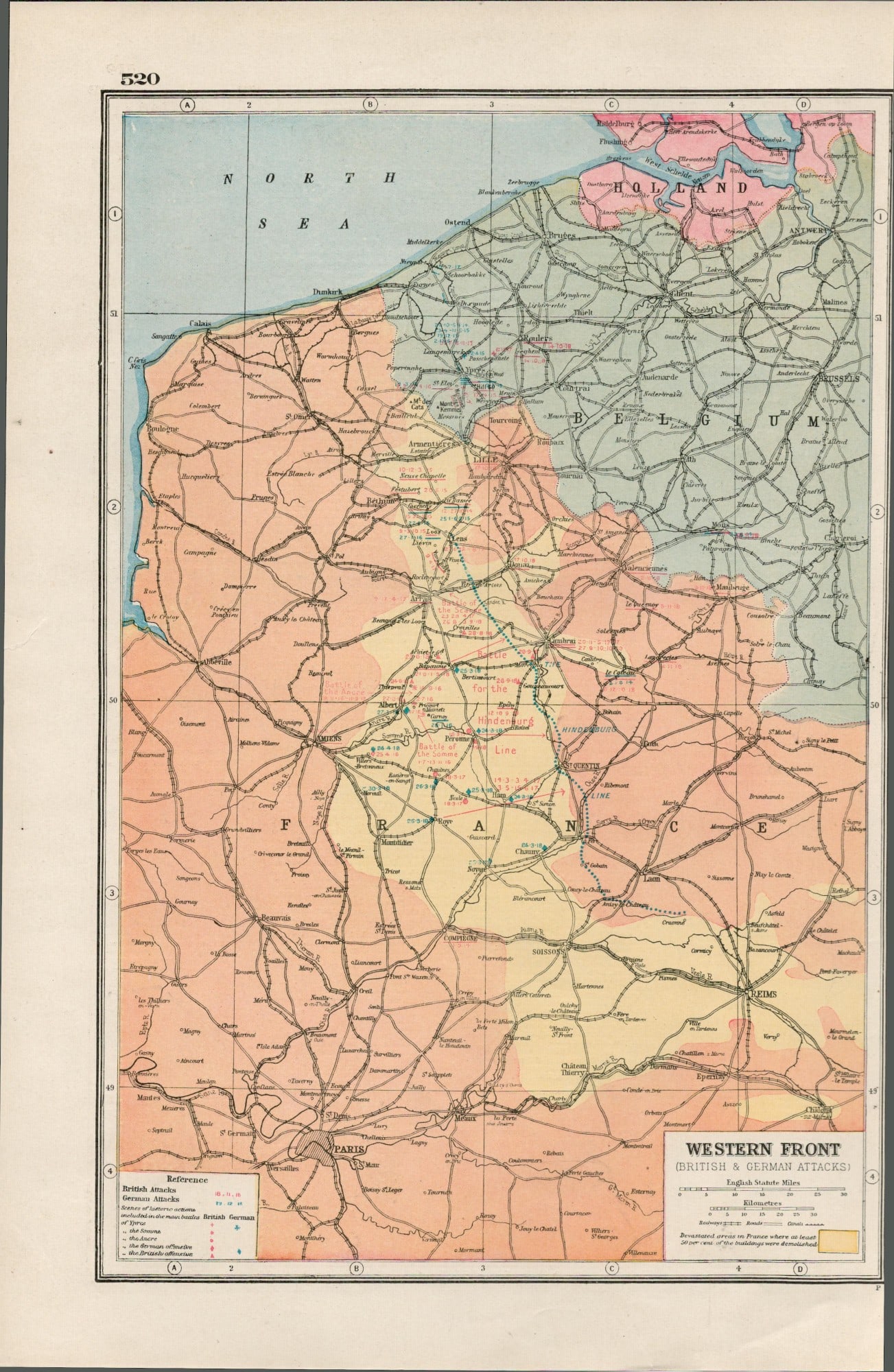 WW1 Western Front British & German Attack Lines 1922 Antique Map-519 (1 of 3)