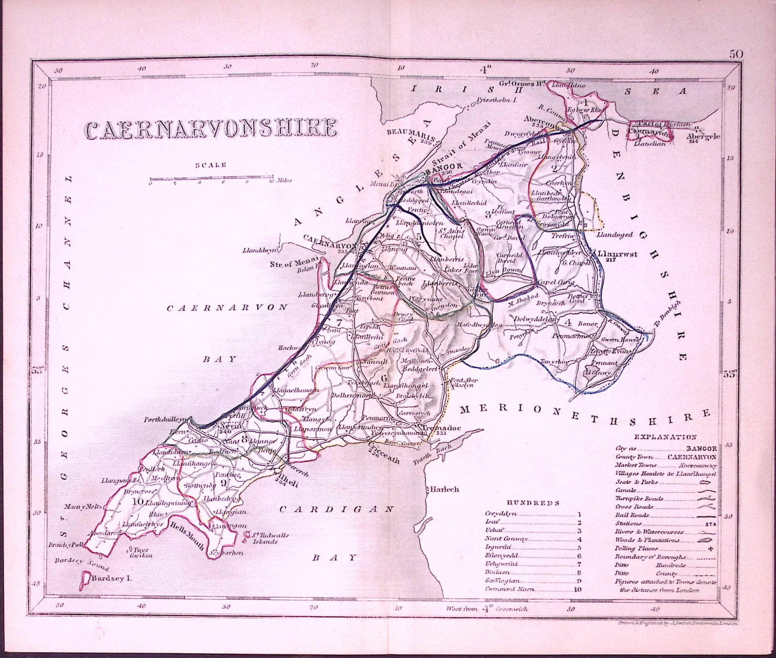 Caernarvonshire Wales-Dugdale & Archer Antique 180 Years-Old Steel Engraved Map-52: Title: Caernarvonshire Wales-Dugdale & Archer Antique 180 Years-Old Steel Engraved Map-52 Description: This Antique Coloured Engraved Map Has Been Removed from an Antique Edition of. Thomas