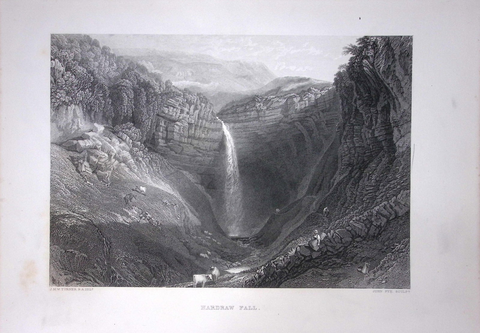 J.M.W Turner Hardraw Fall Yorkshire National Park Antique Steel Engraving-109-TR: Title: J.M.W Turner Hardraw Fall Yorkshire National Park Antique Steel Engraving-109-TR Description: This Antique Steel-Engraving Was Removed from a Edition Of. The Turner Gallery a