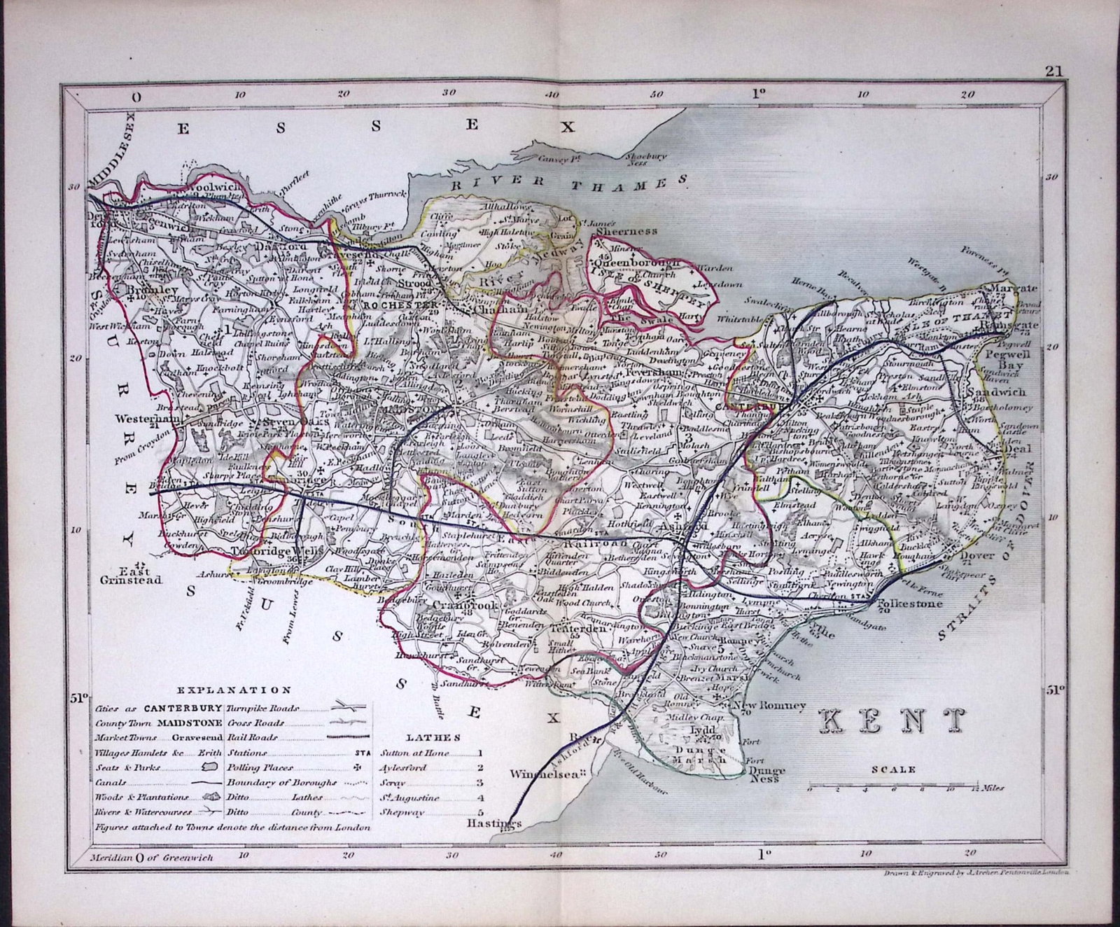 County Kent-Dugdale & Archer Antique 180 Years-Old Steel Engraved Map-31: Title: County Kent-Dugdale & Archer Antique 180 Years-Old Steel Engraved Map-31 Description: This Antique Coloured Engraved Map Has Been Removed from an Antique Edition of. Thomas Dugdale C