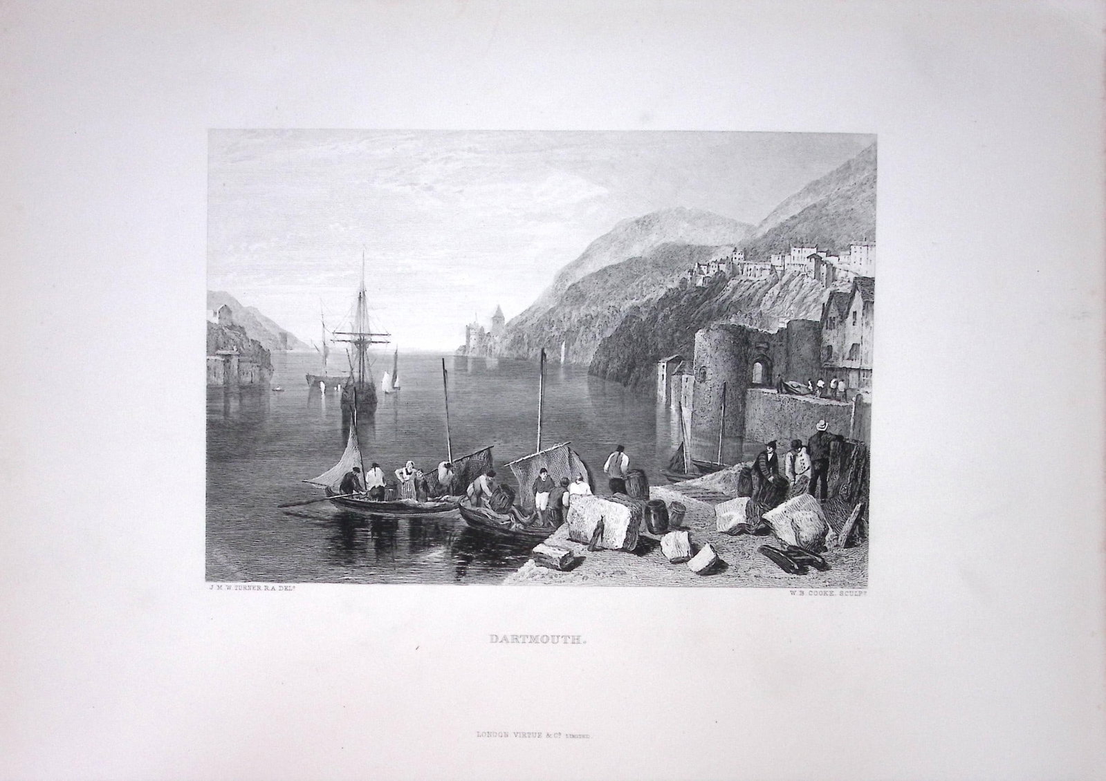 J.M.W Turner View of Dartmouth Harbour Devon Antique Steel Engraving-113-TR: Title: J.M.W Turner View of Dartmouth Harbour Devon Antique Steel Engraving-113-TR Description: This Antique Steel-Engraving Was Removed from an Edition Of. The Turner Gallery a Series of