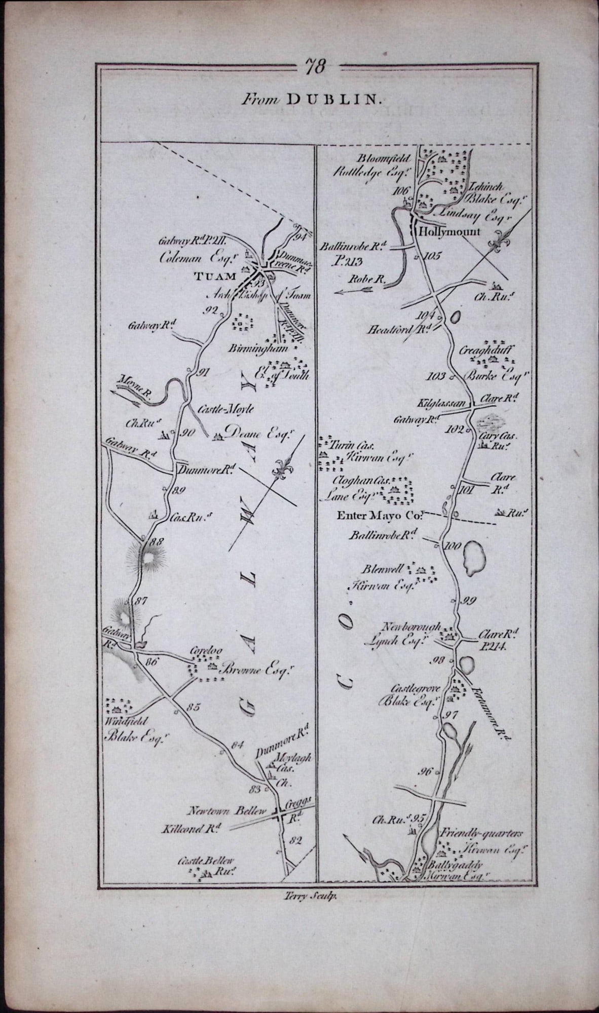 Ireland Rare Antique 245 Yr-Old Road Map Dublin-Castlebar-Newport-78 - 2