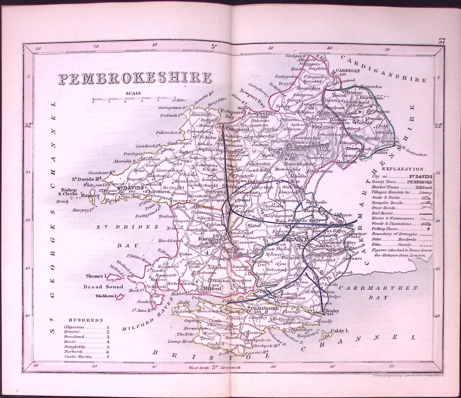 Pembroke Wales-Dugdale & Archer Antique 180 Years-Old Steel Engraved Map-46: Title: Pembroke Wales-Dugdale & Archer Antique 180 Years-Old Steel Engraved Map-46 Description: This Antique Coloured Engraved Map Has Been Removed from an Antique Edition of. Thomas Dugdal