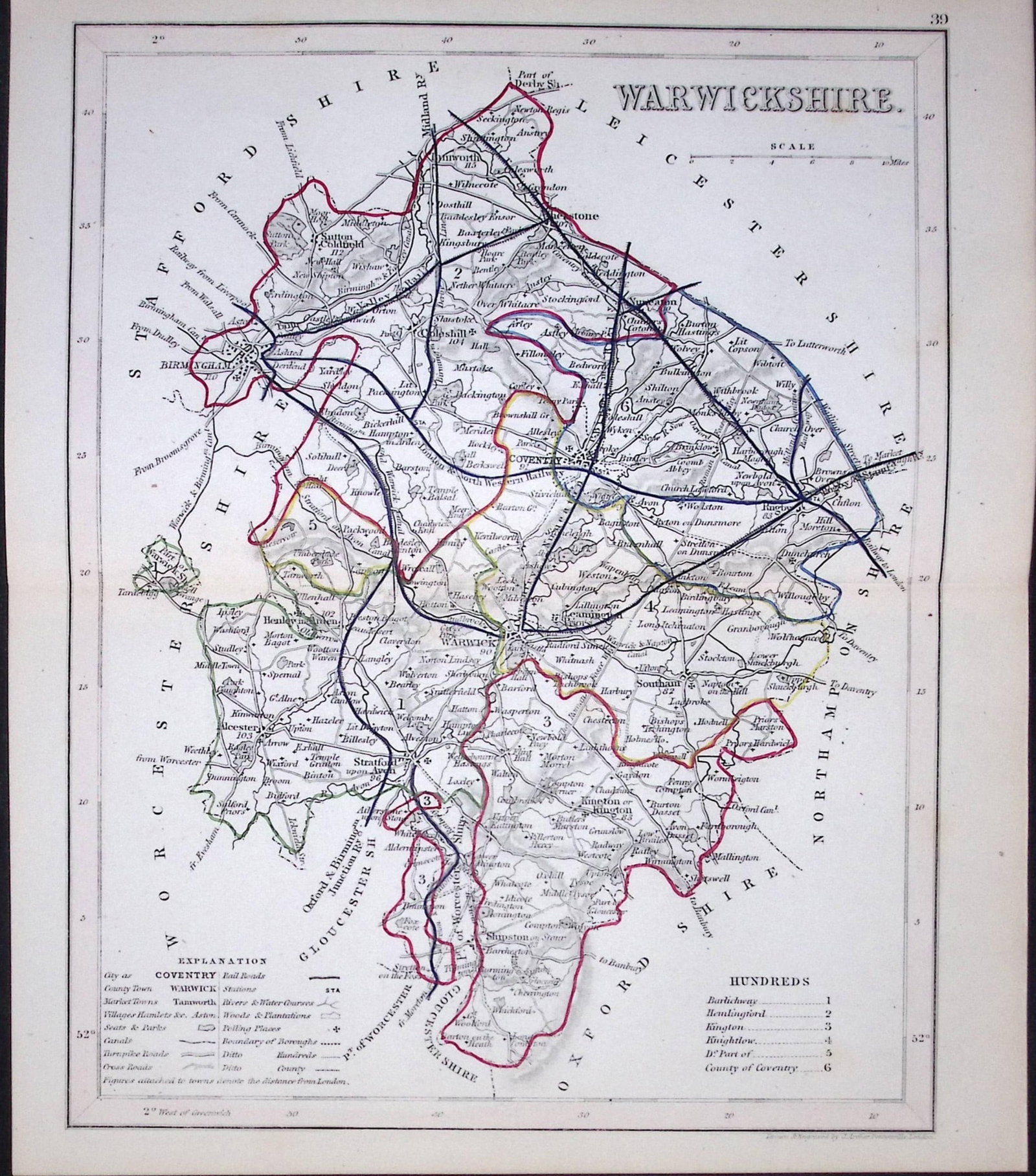 Warwickshire-Dugdale & Archer Antique 180 Years-Old Steel Engraved Map-12: Title: Warwickshire-Dugdale & Archer Antique 180 Years-Old Steel Engraved Map-12 Description: This Antique Coloured Engraved Map Has Been Removed from an Antique Edition of. Thomas Dugdale