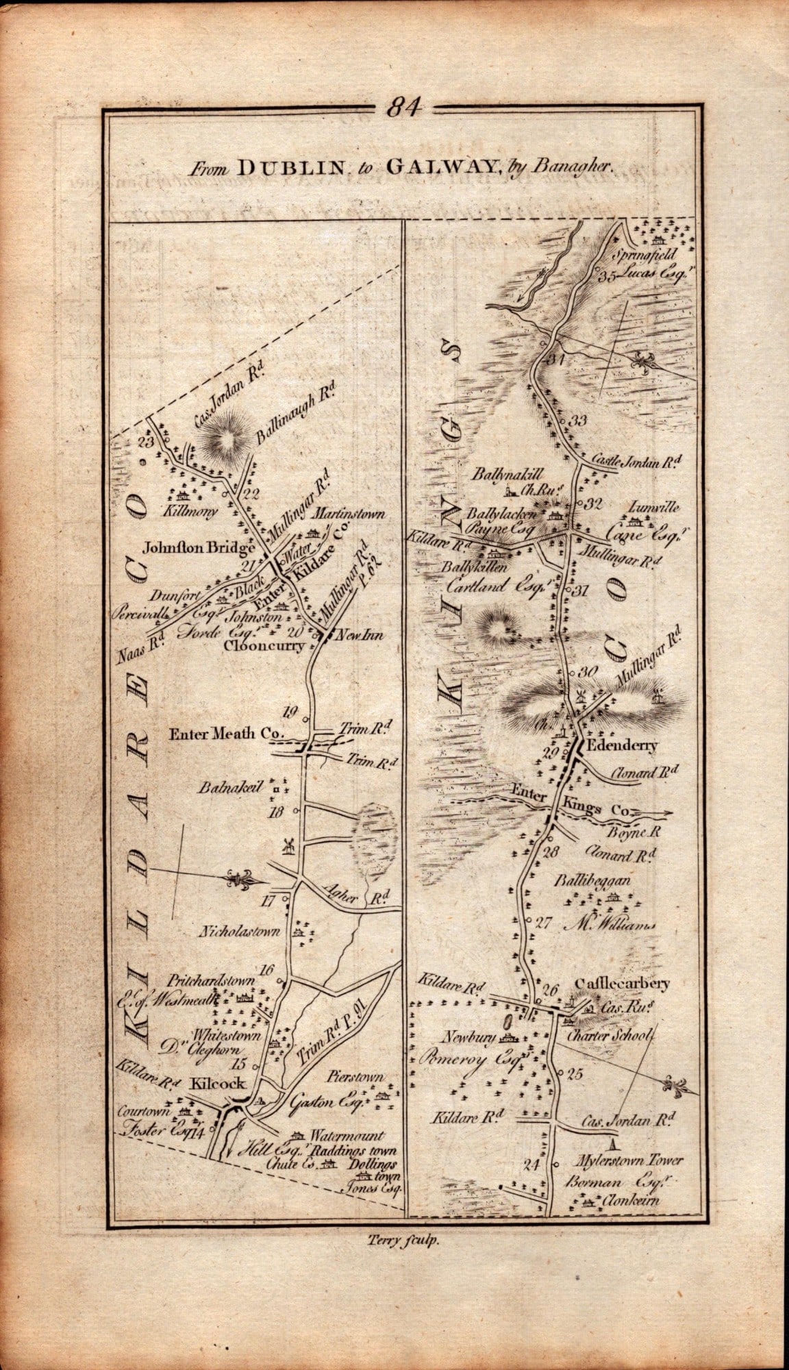 Ireland Rare Antique 1777 Map Dublin To Galway Vis Maynooth Tullamore Birr Athenry. - 2