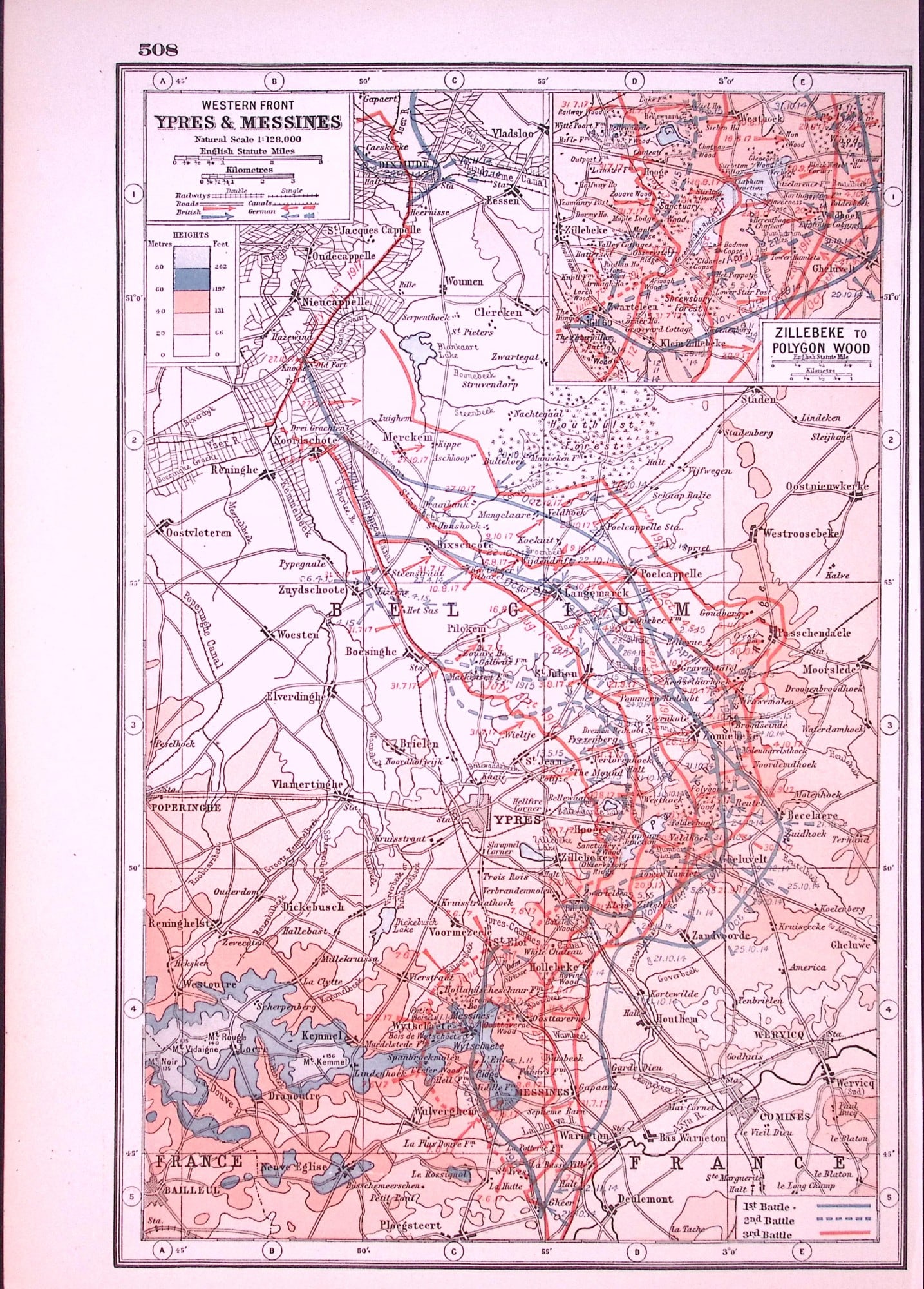 WW1 Western Front Battle Lines Ypres & Messines Antique 1922 Coloured Map-508 (1 of 3)