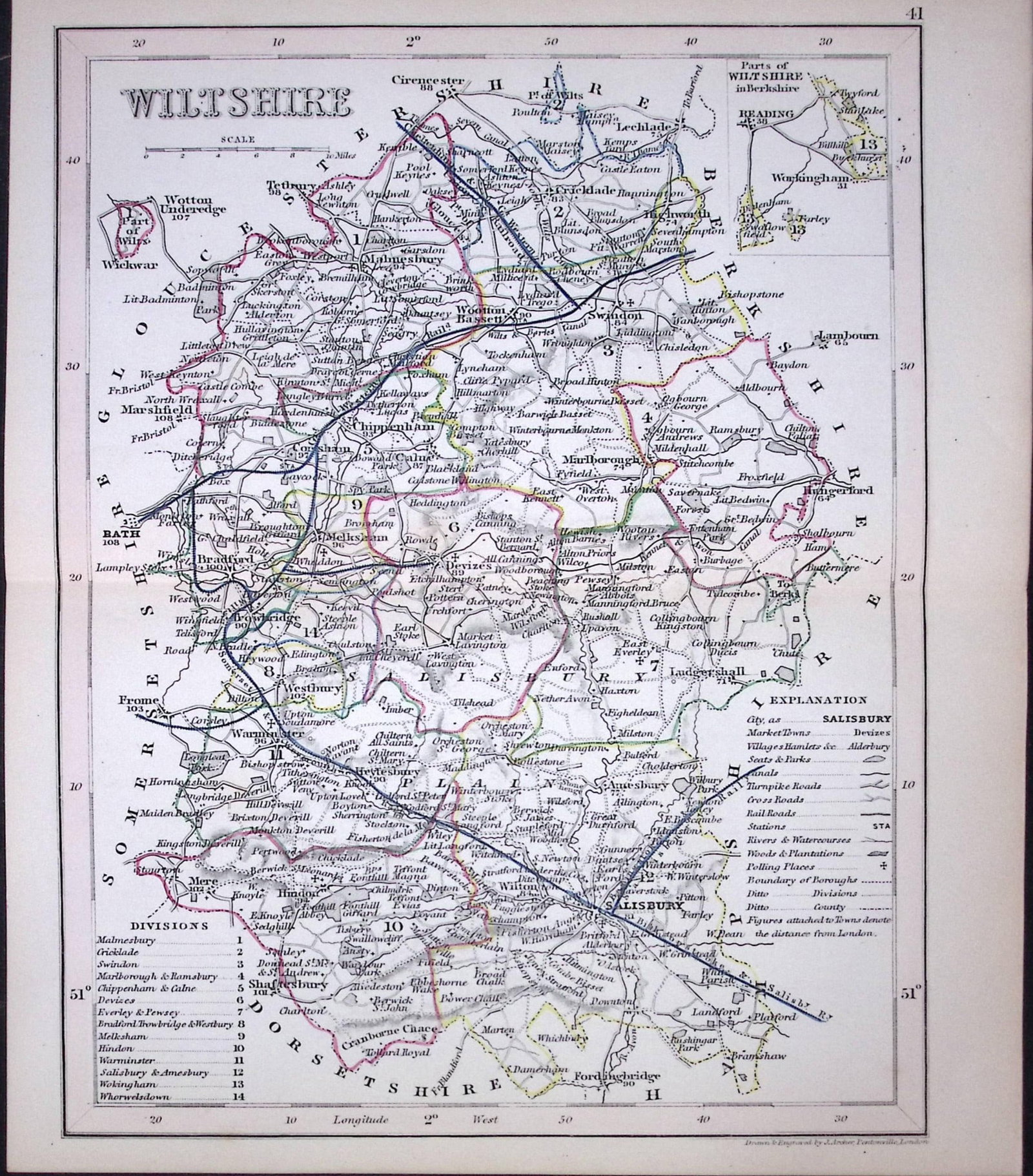 Wiltshire-Dugdale & Archer Antique 180 Years-Old Steel Engraved Map-10: Title: Wiltshire-Dugdale & Archer Antique 180 Years-Old Steel Engraved Map-10 Description: This Antique Coloured Engraved Map Has Been Removed from an Antique Edition of. Thomas Dugdale Cur