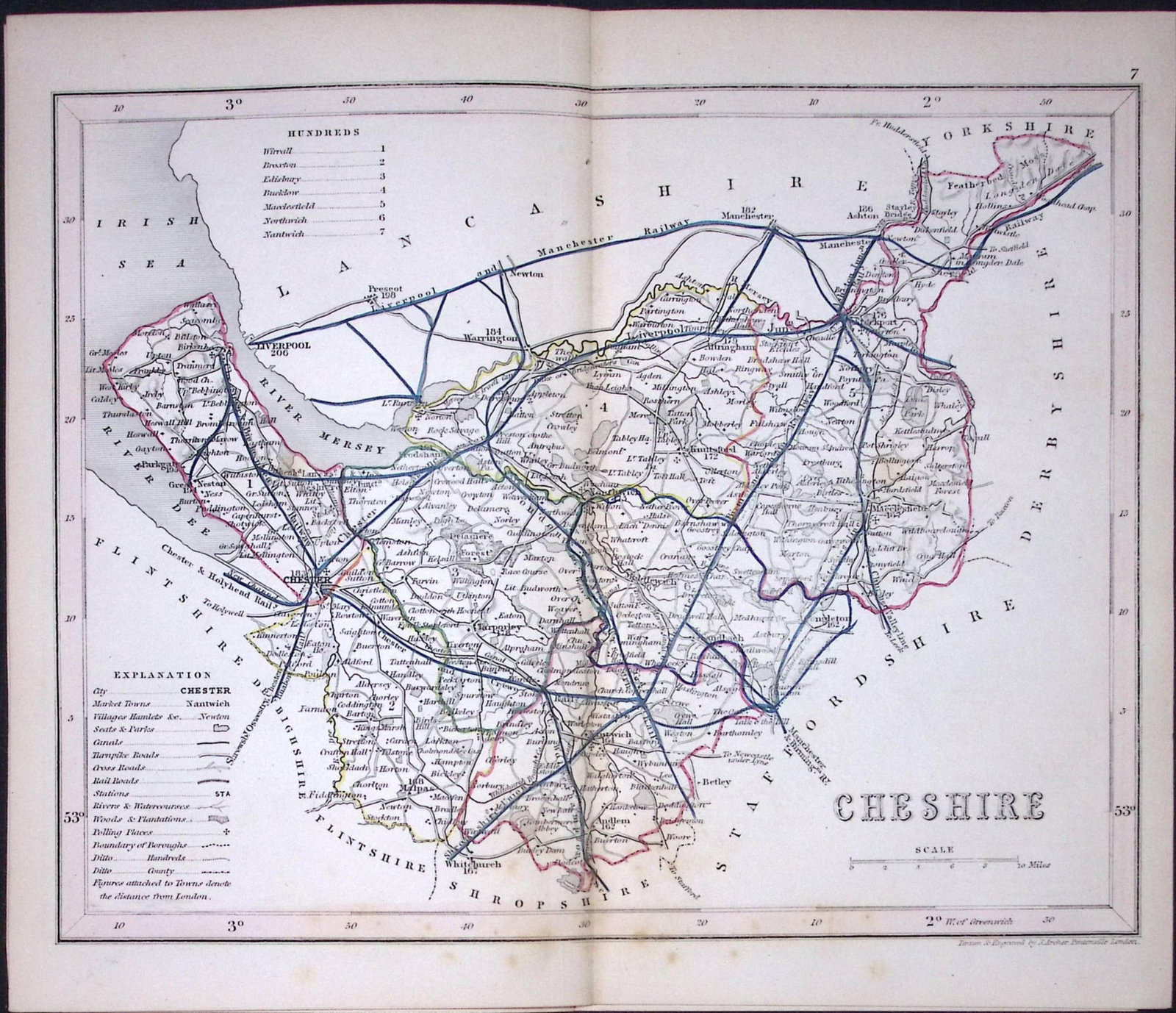 County Cheshire-Dugdale & Archer Antique 180 Years-Old Steel Engraved Map-14: Title: County Cheshire-Dugdale & Archer Antique 180 Years-Old Steel Engraved Map-14 Description: This Antique Coloured Engraved Map Has Been Removed from an Antique Edition of. Thomas Dugda