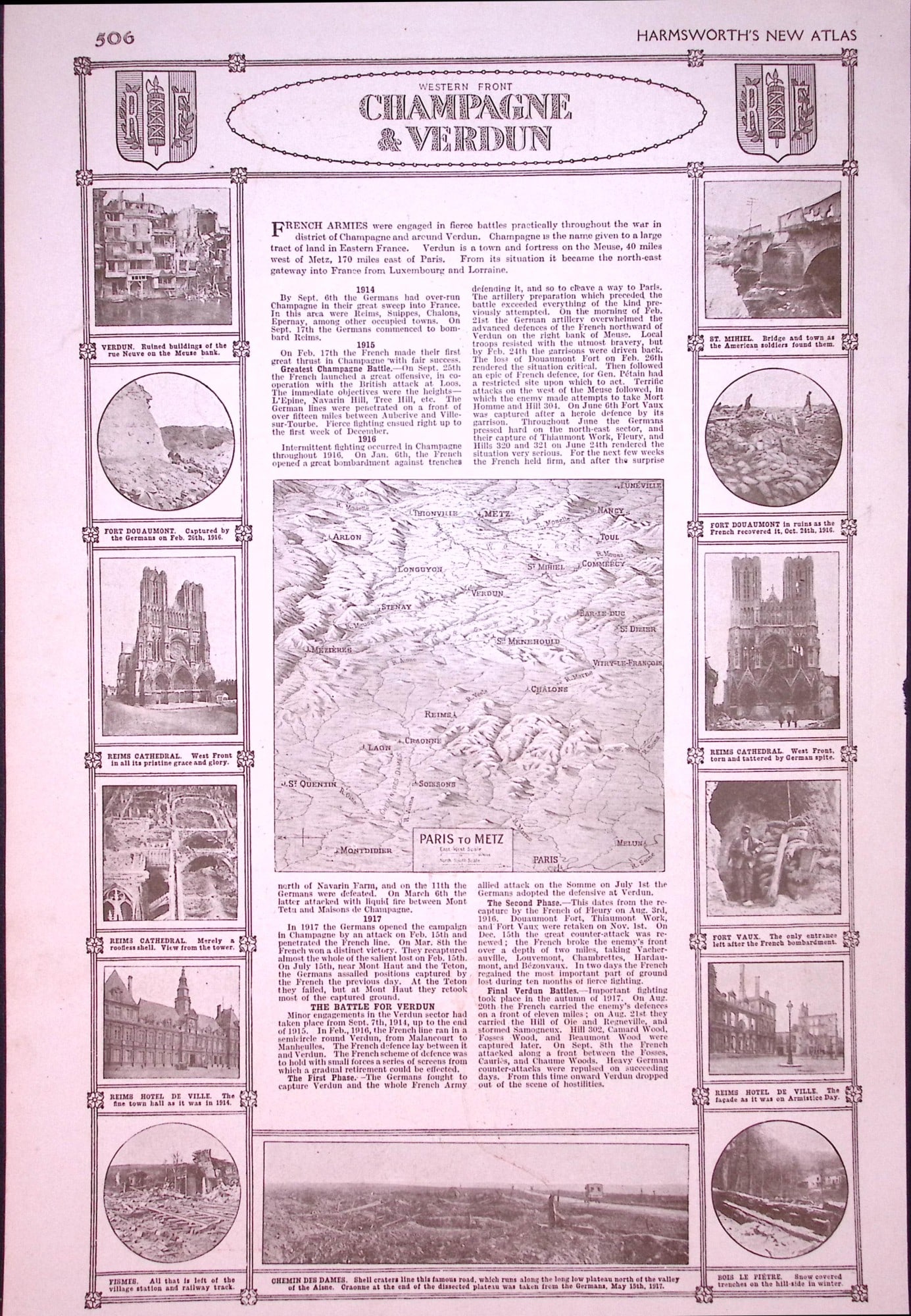 WW1 The Western Front Champagne & Verdun Antique 1922 Map-505 - 2
