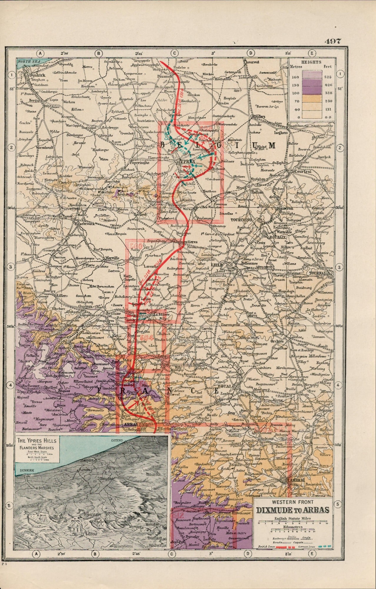 WW1 The Western Front Dixmude to Arras Coloured 1922 Antique Map-497 (1 of 3)
