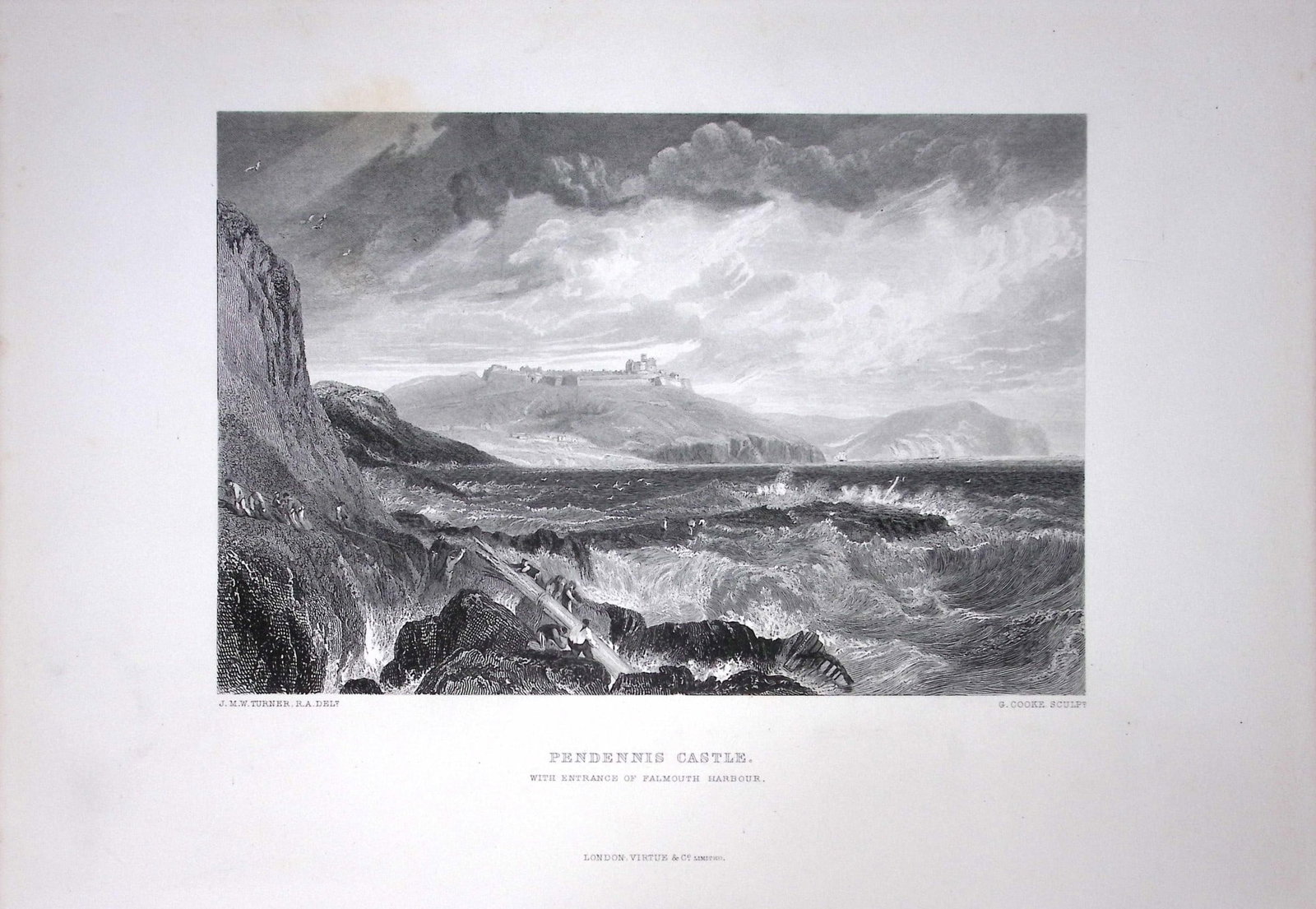 J.M.W Turner Pendennis Castle Falmouth Antique Steel Engraving-110-TR: Title: J.M.W Turner Pendennis Castle Falmouth Antique Steel Engraving-110-TR Description: This Antique Steel-Engraving Was Removed from an Edition Of. The Turner Gallery a Series of 120