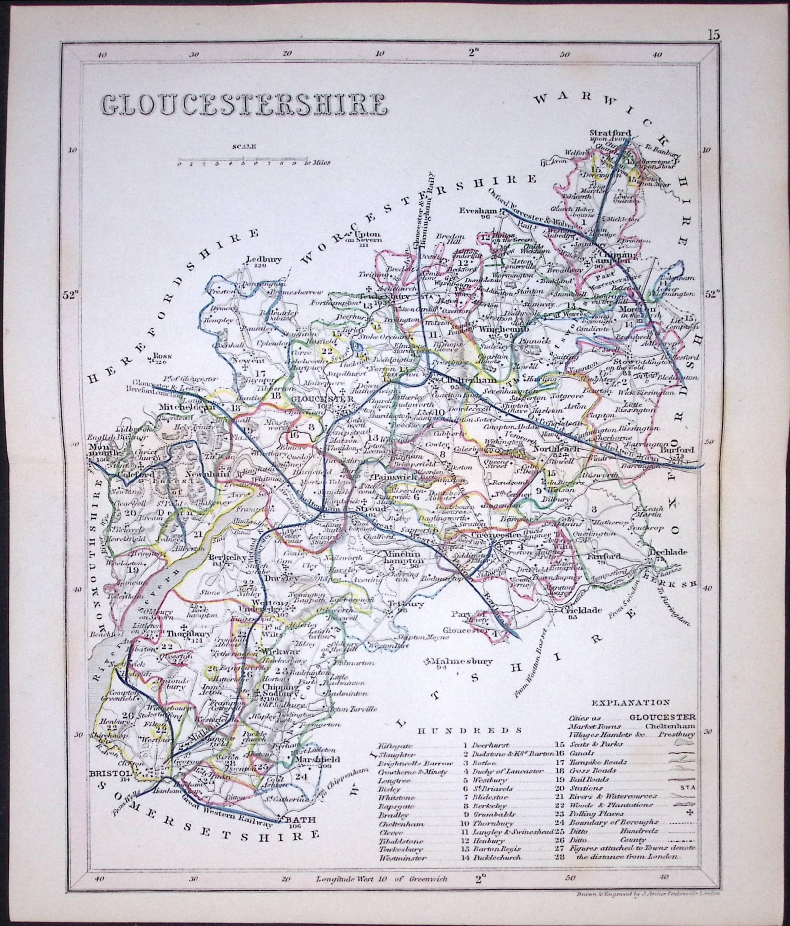 Gloucestershire-Dugdale & Archer Antique 180 Years-Old Steel Engraved Map-38: Title: Gloucestershire-Dugdale & Archer Antique 180 Years-Old Steel Engraved Map-38 Description: This Antique Coloured Engraved Map Has Been Removed from an Antique Edition of. Thomas Dugda