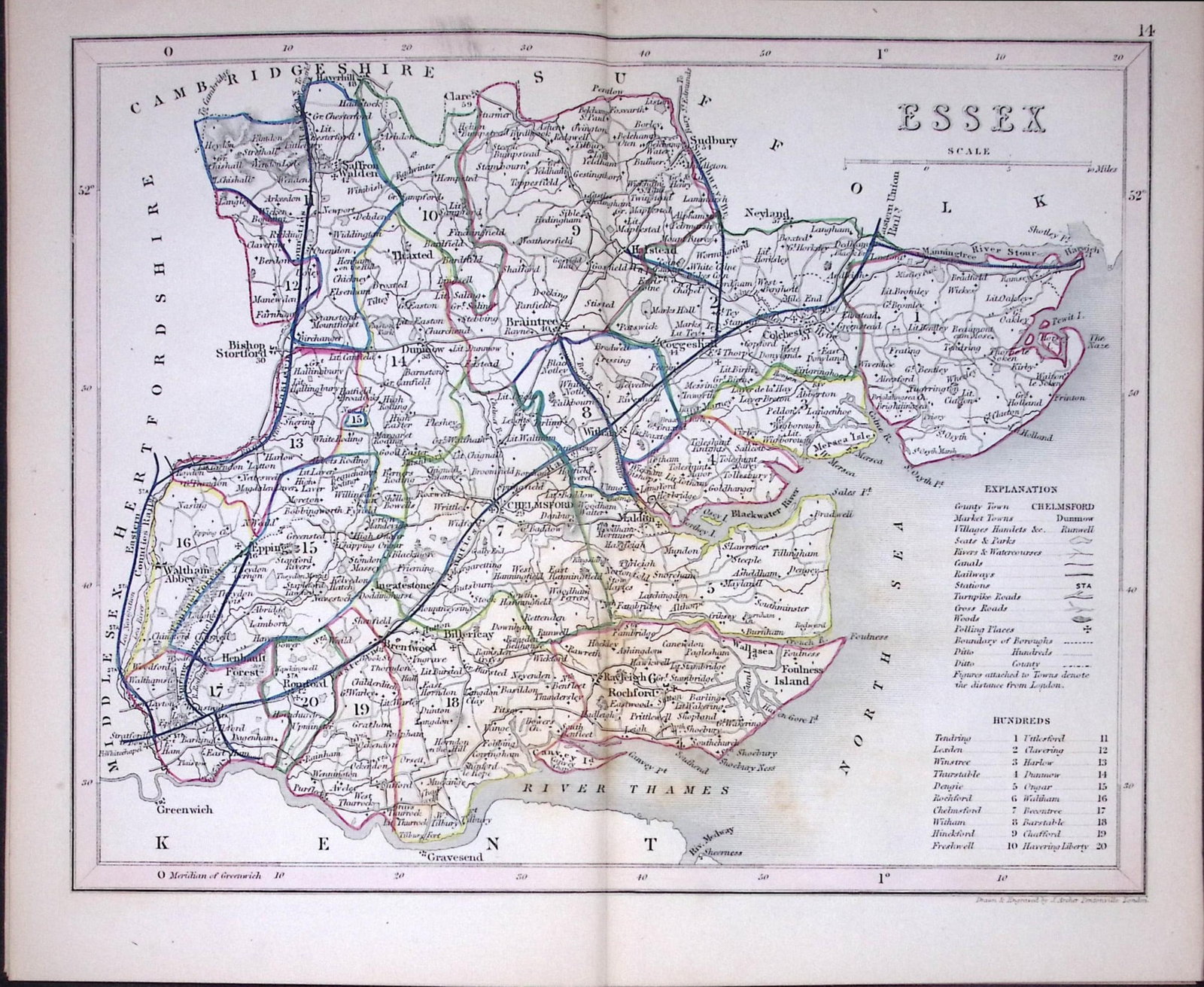 County Essex-Dugdale & Archer Antique 180 Years-Old Steel Engraved Map-8: Title: County Essex-Dugdale & Archer Antique 180 Years-Old Steel Engraved Map-8 Description: This Antique Coloured Engraved Map Has Been Removed from an Antique Edition of. Thomas Dugdale C