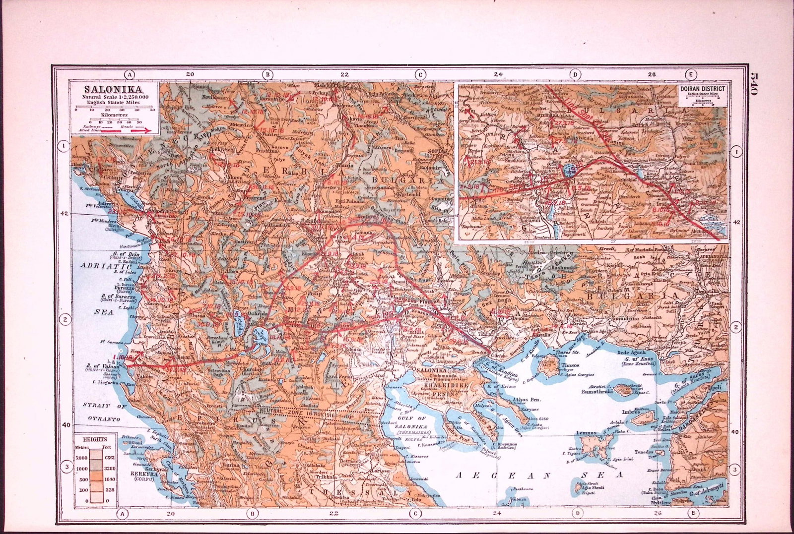 WW1 Salonika & Dorian District Antique 1922 Coloured Map-540 (1 of 3)