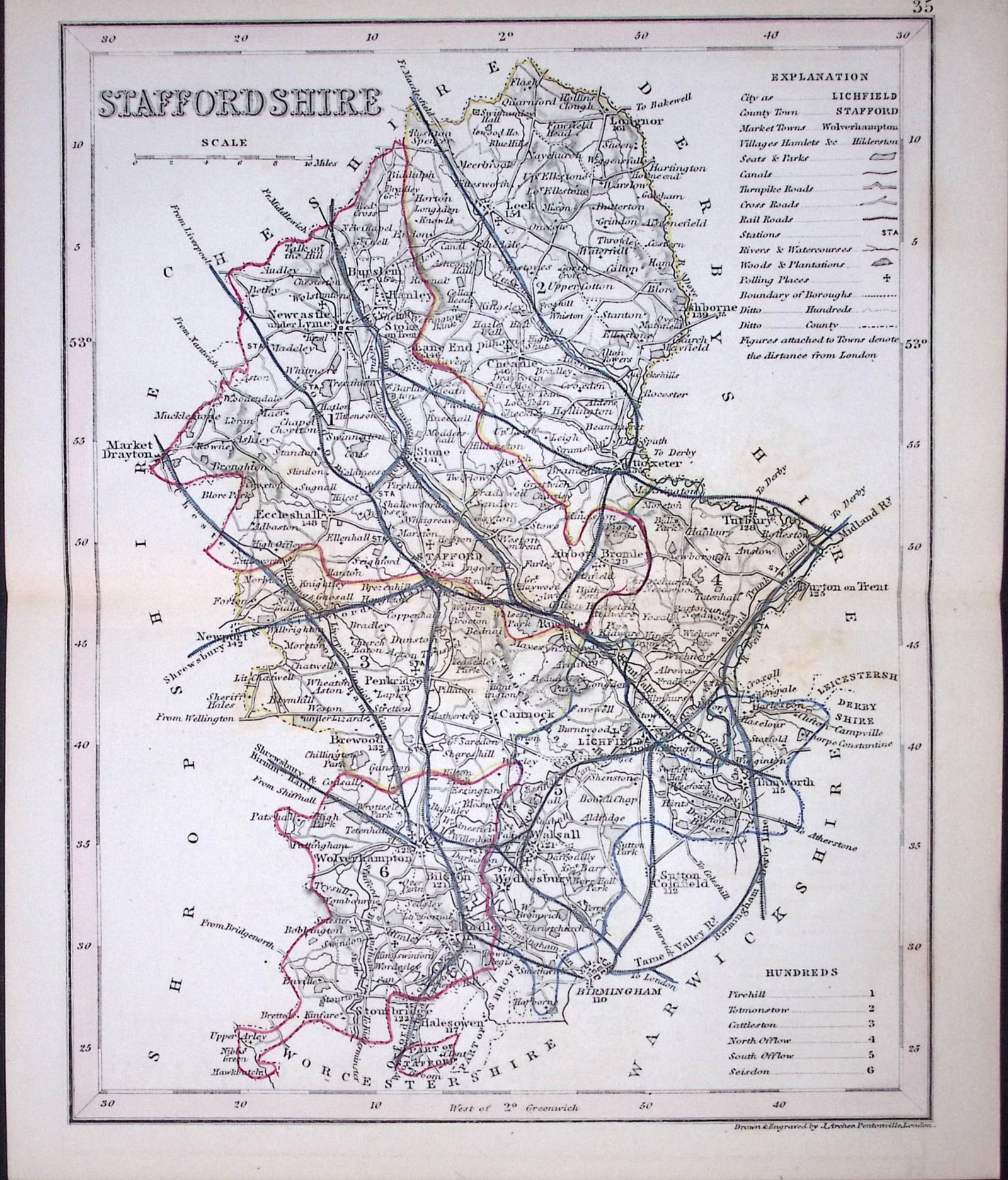 Staffordshire-Dugdale & Archer Antique 180 Years-Old Steel Engraved Map-26: Title: Staffordshire-Dugdale & Archer Antique 180 Years-Old Steel Engraved Map-26 Description: This Antique Coloured Engraved Map Has Been Removed from an Antique Edition of. Thomas Dugdale